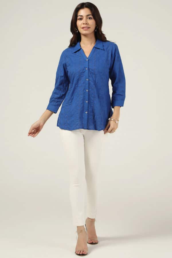 Schiffli Blue Shirt For Women