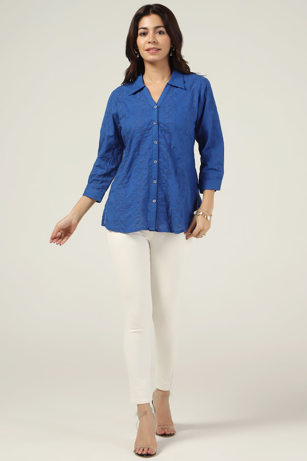 Schiffli Blue Shirt For Women