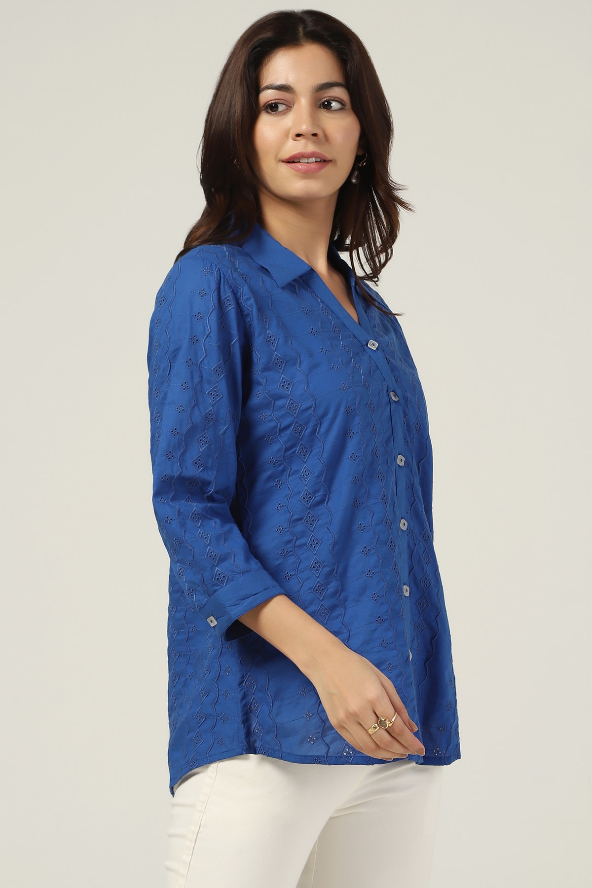 Schiffli Blue Shirt For Women