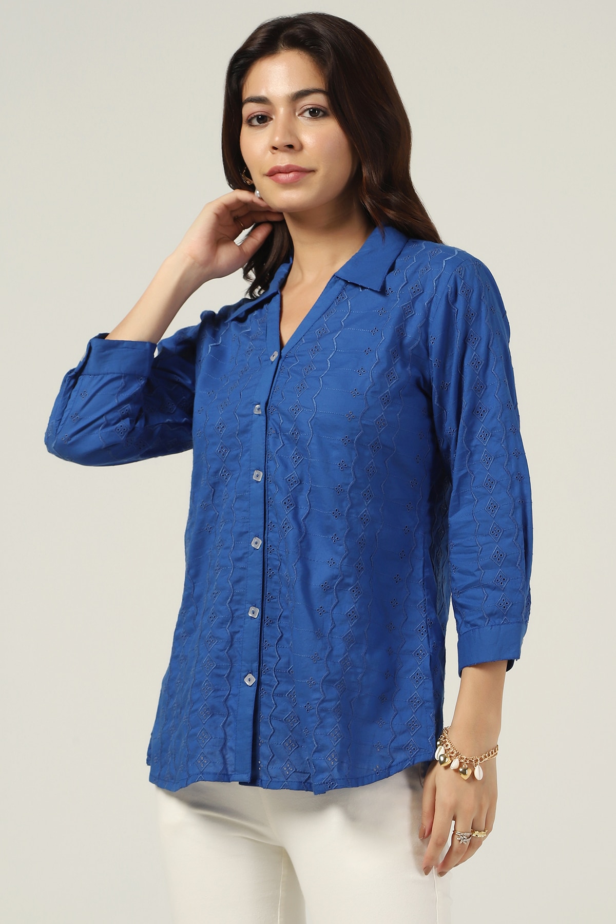 Schiffli Blue Shirt For Women