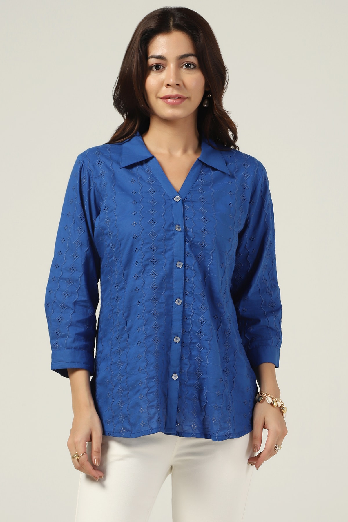 Schiffli Blue Shirt For Women