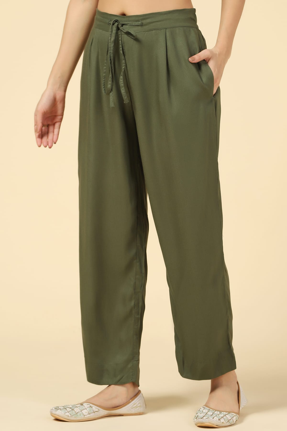 Solid Olive Green Palazzo For Women