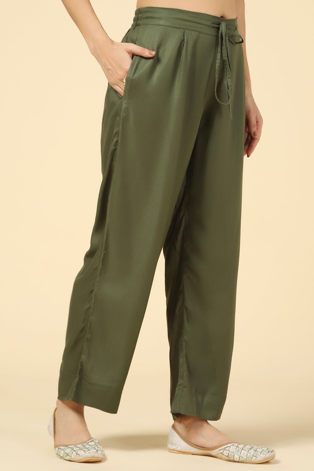 Solid Olive Green Palazzo For Women