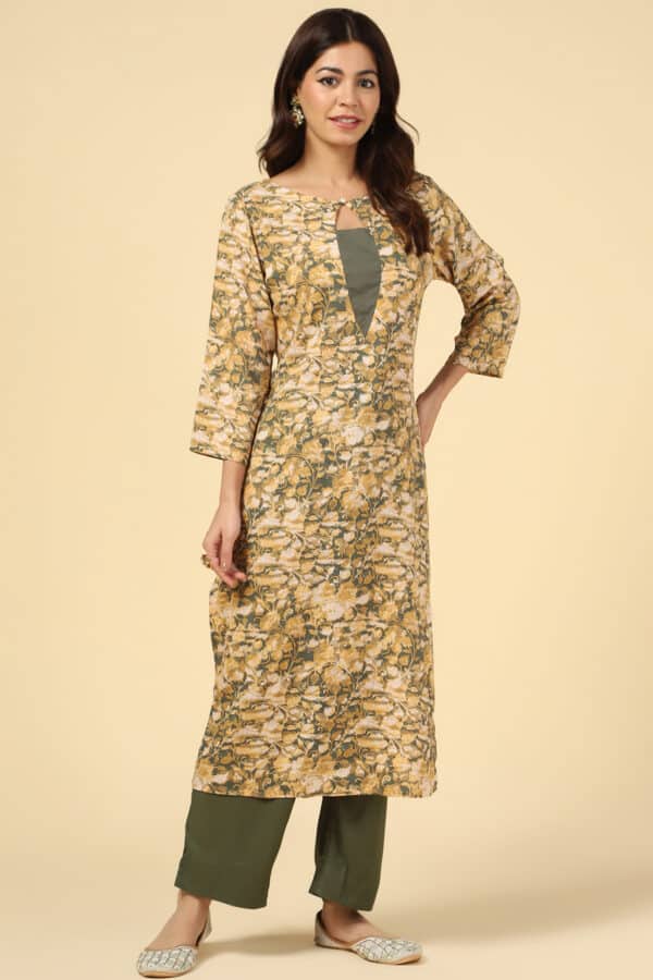 Mustard And Green Rayon Fabric Kurta For Women
