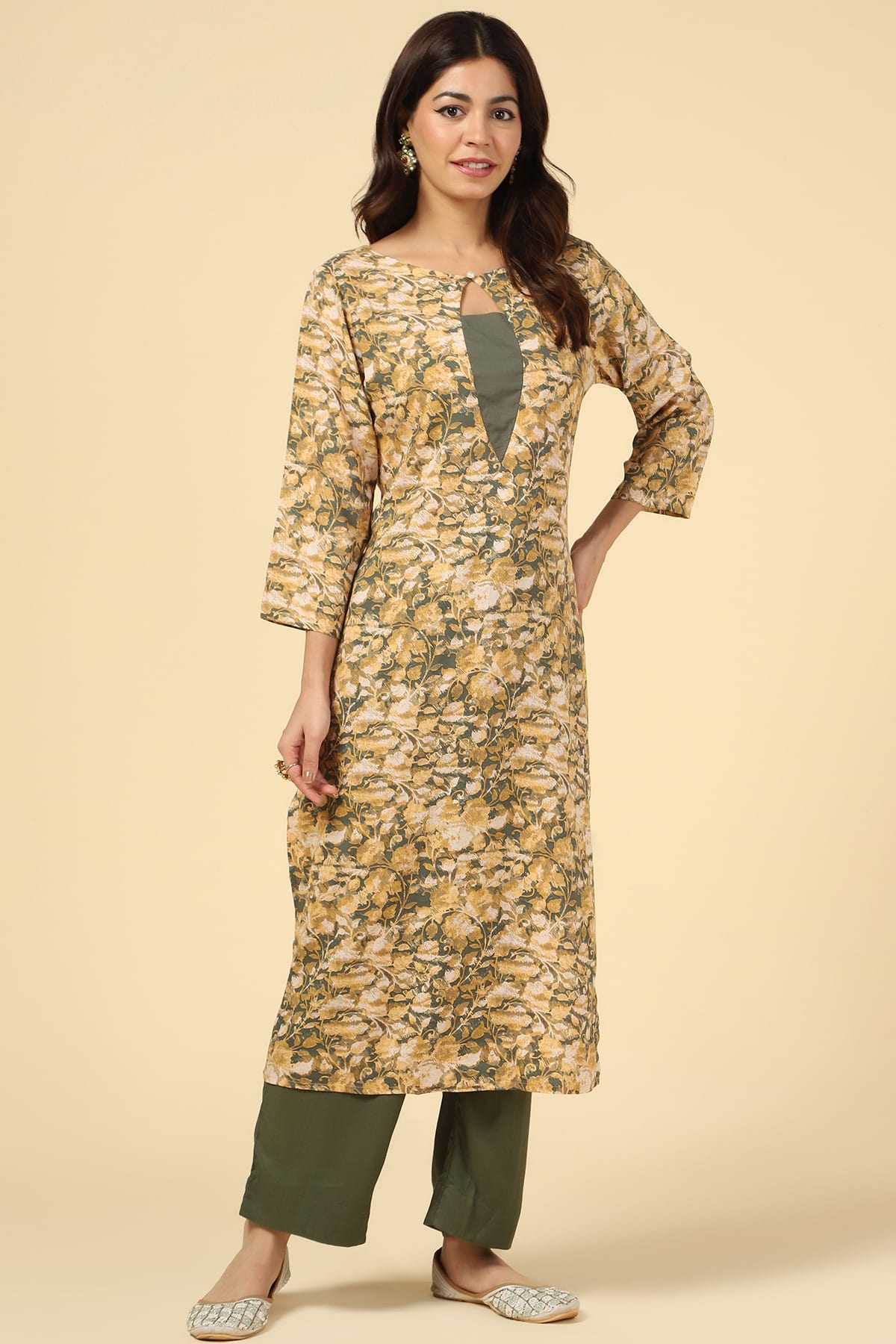 Mustard And Green Rayon Fabric Kurta For Women