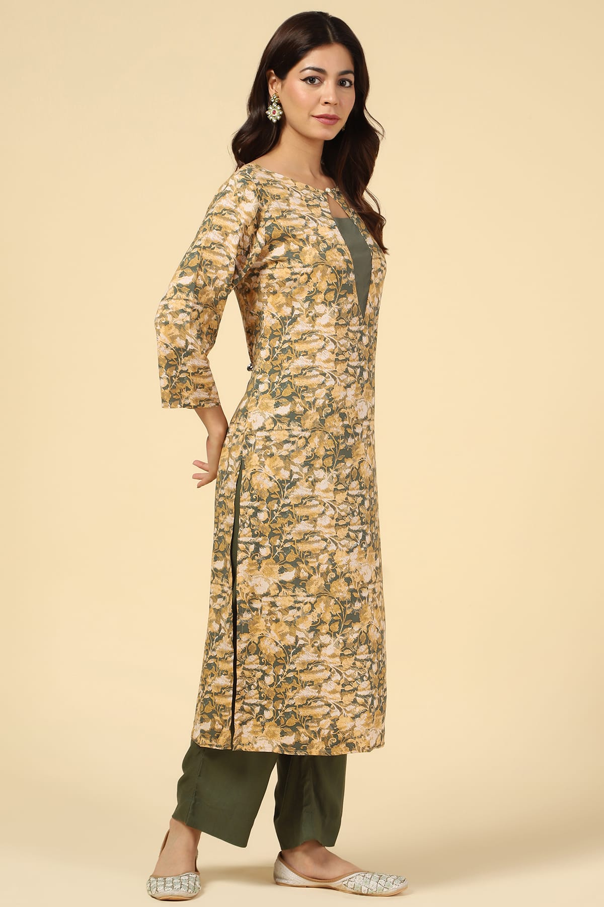 Mustard And Green Rayon Fabric Kurta For Women