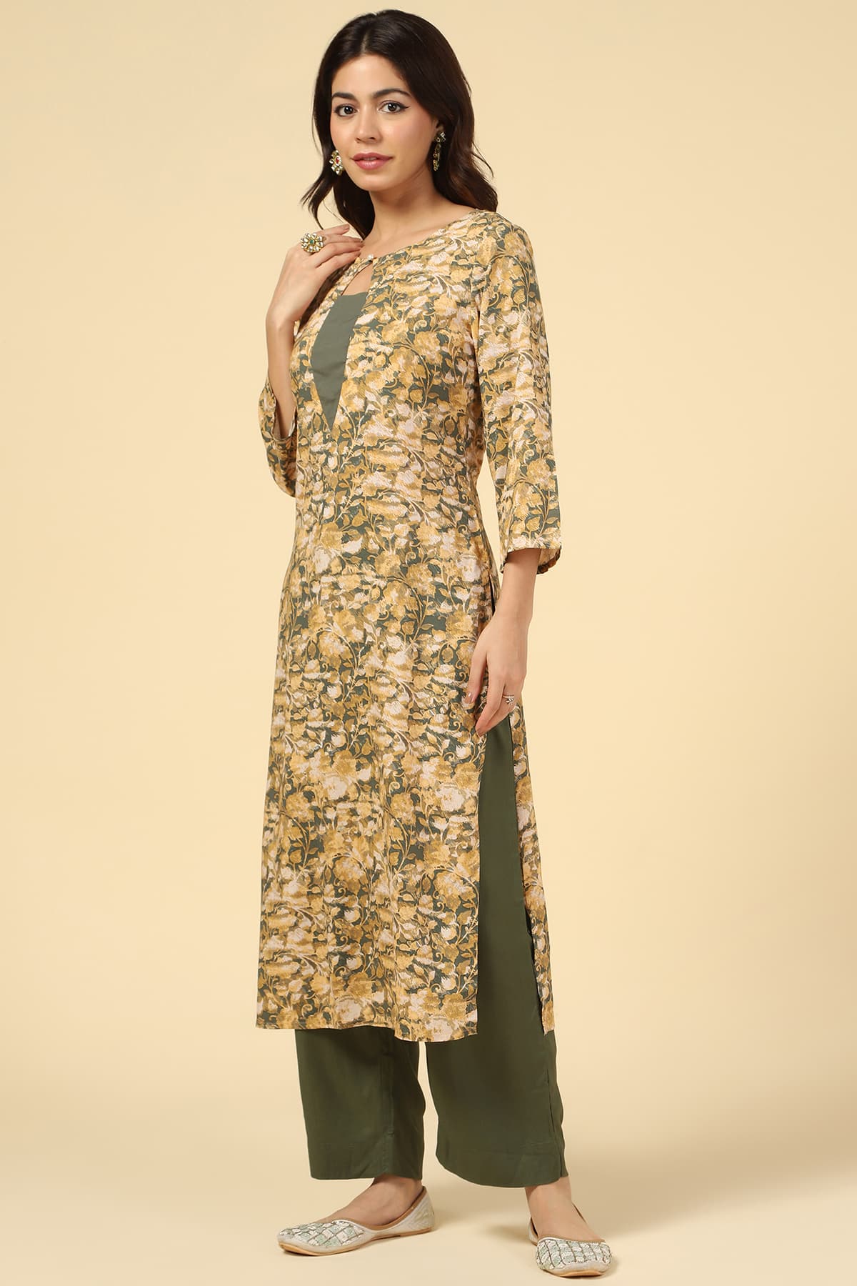 Mustard And Green Rayon Fabric Kurta For Women