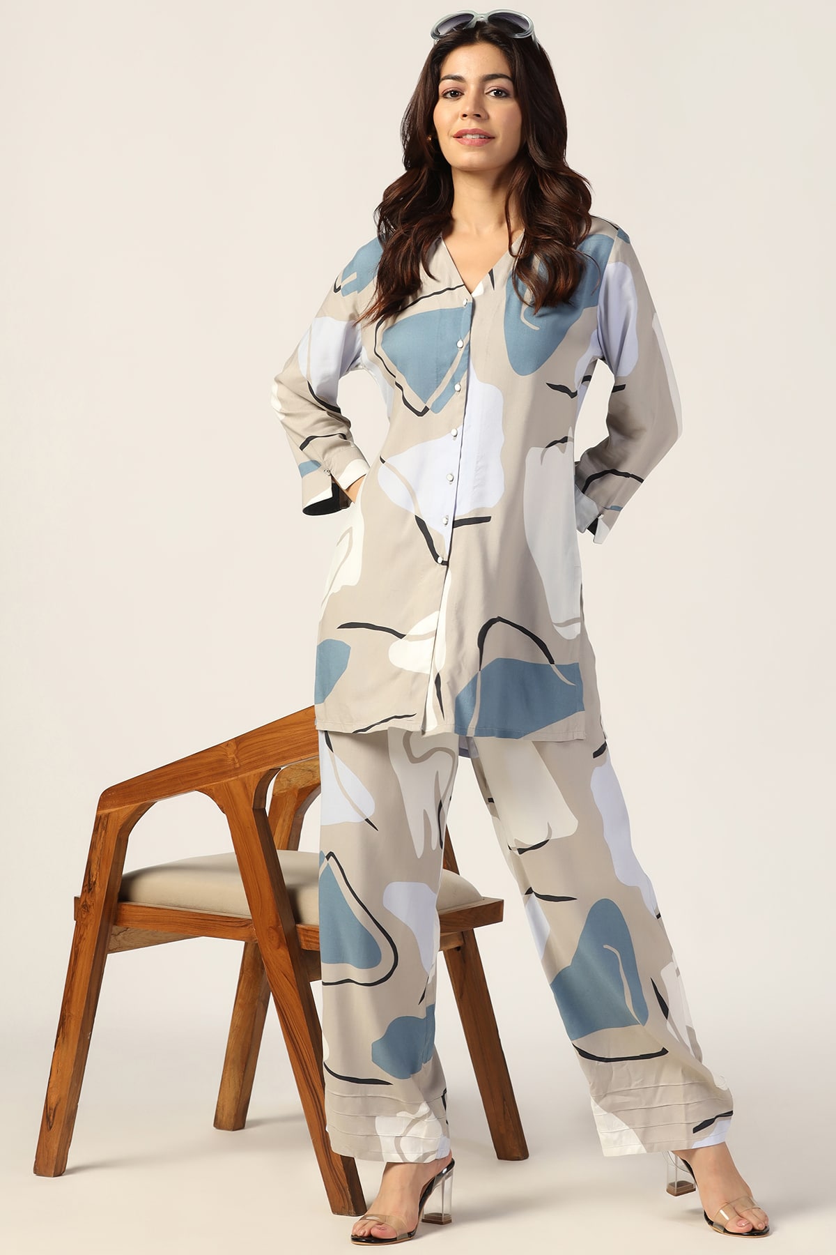 Grey Printed Co Ord Set For Women