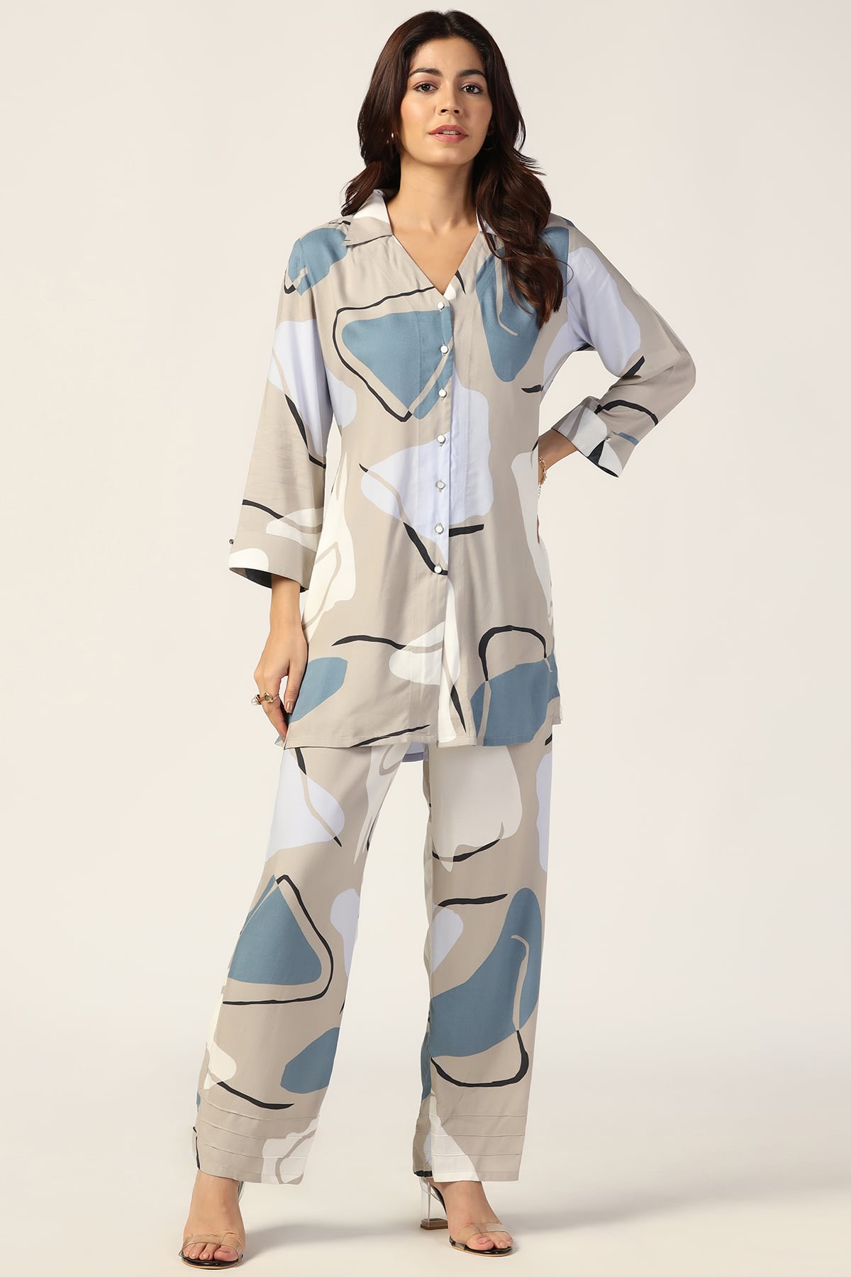 Grey Printed Co Ord Set For Women