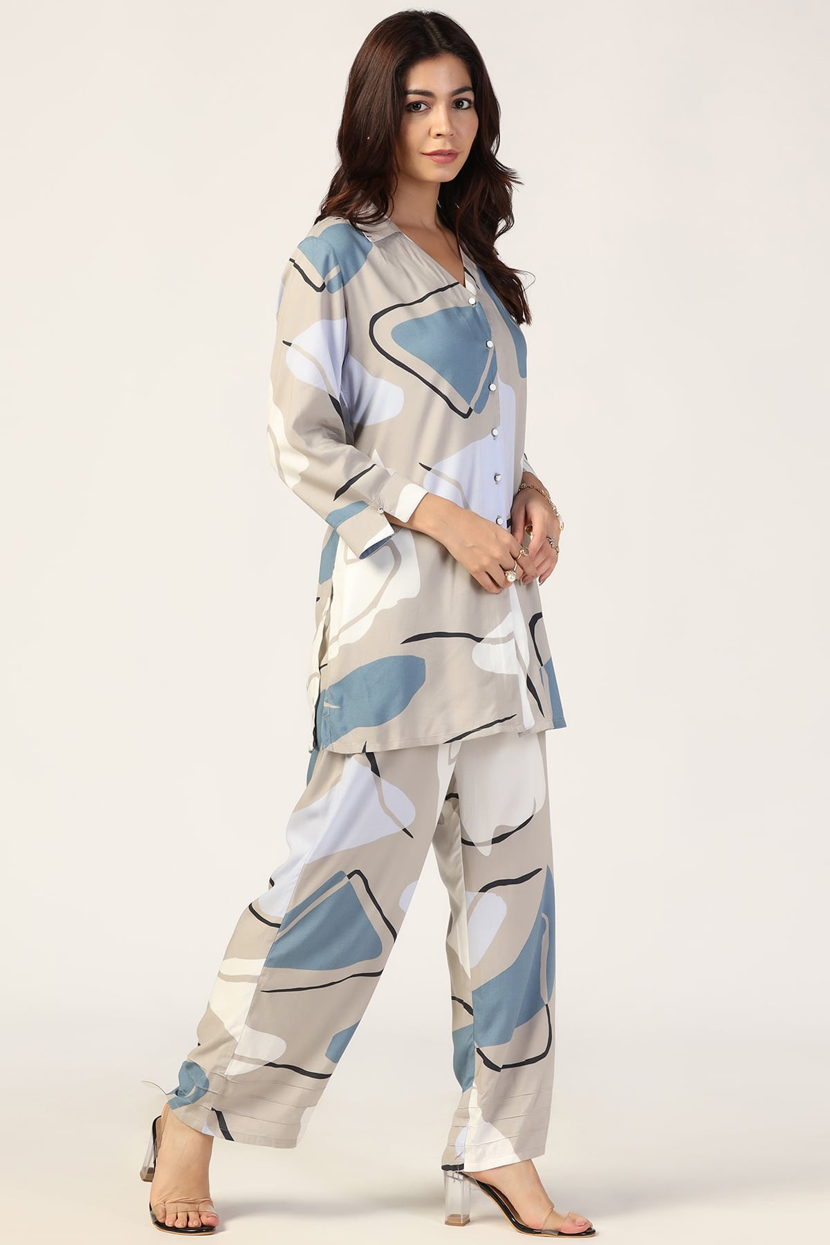 Grey Printed Co Ord Set For Women