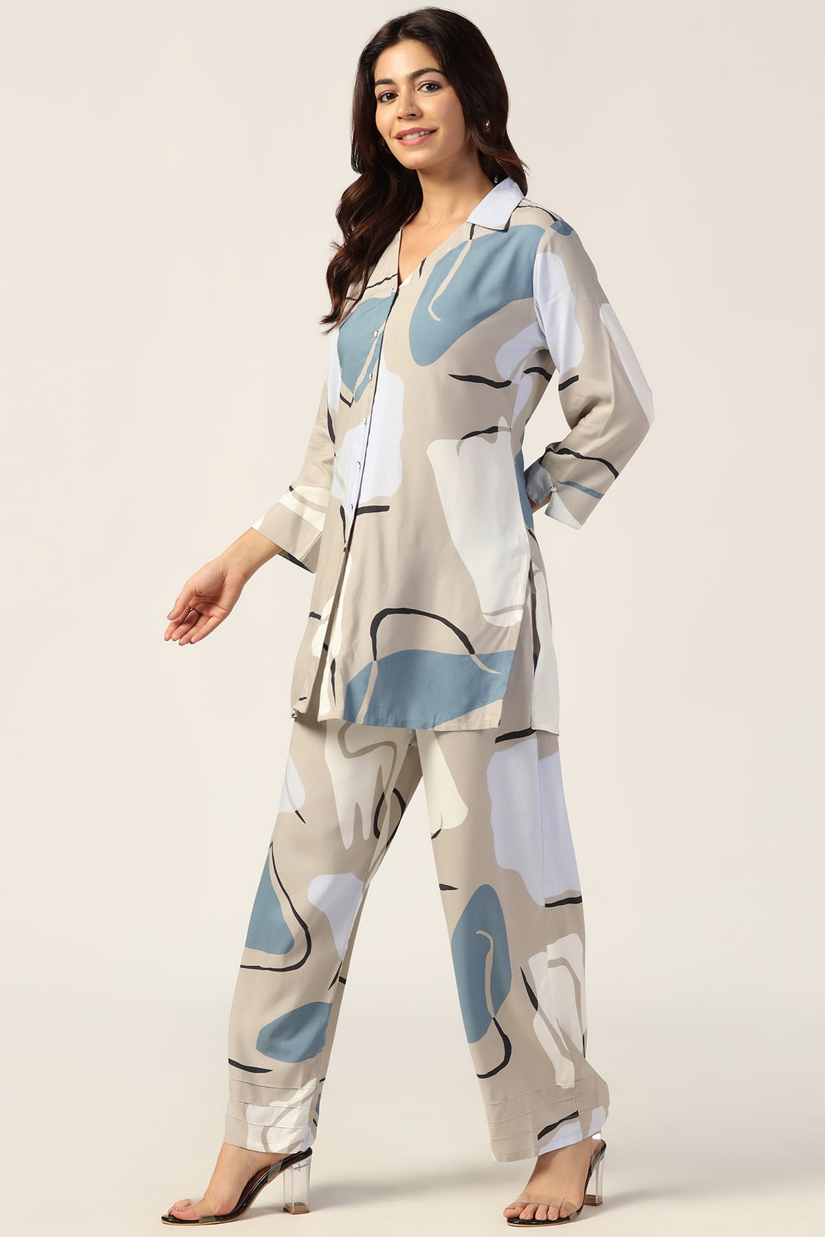 Grey Printed Co Ord Set For Women
