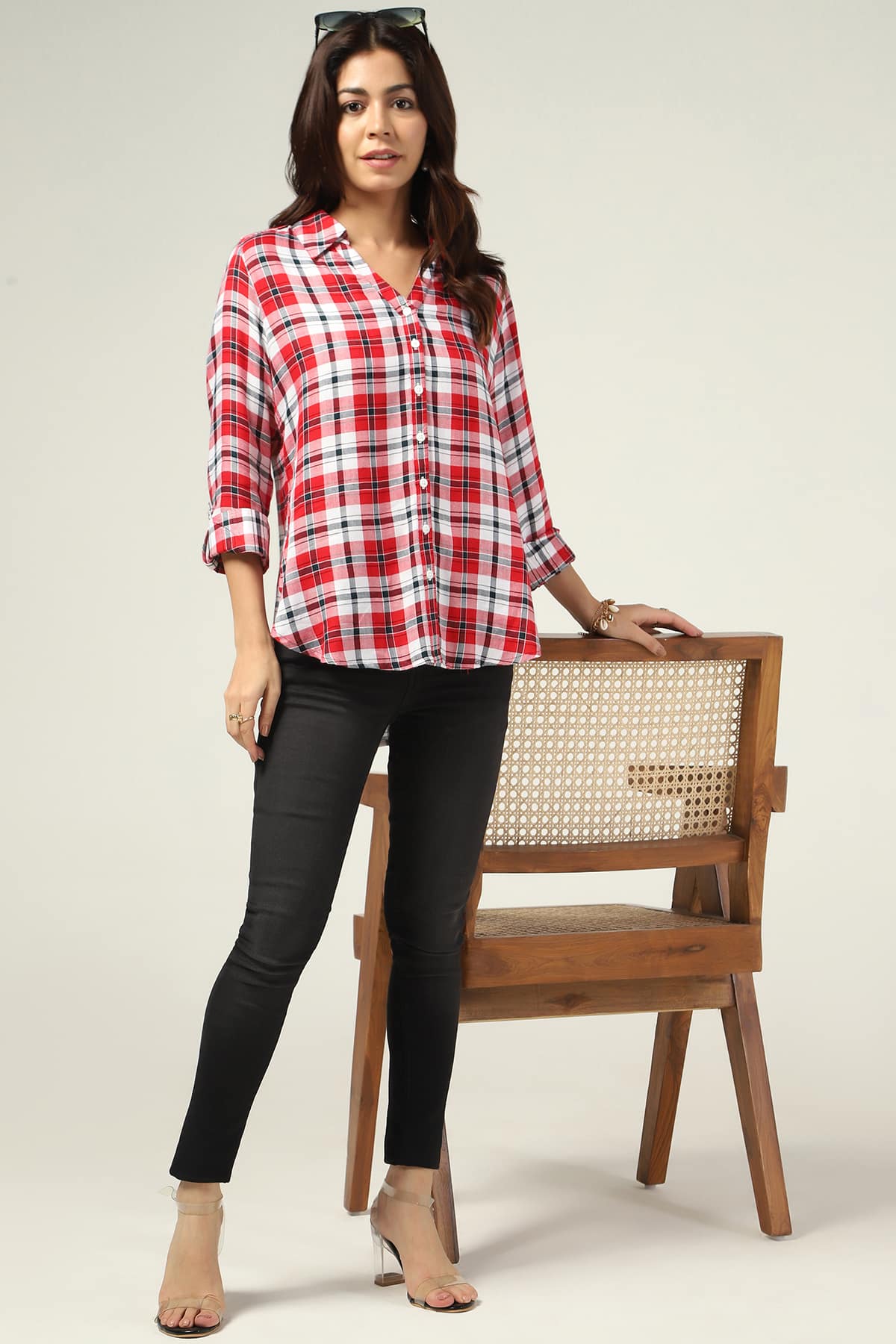 White And Maroon Women's Checked Shirt
