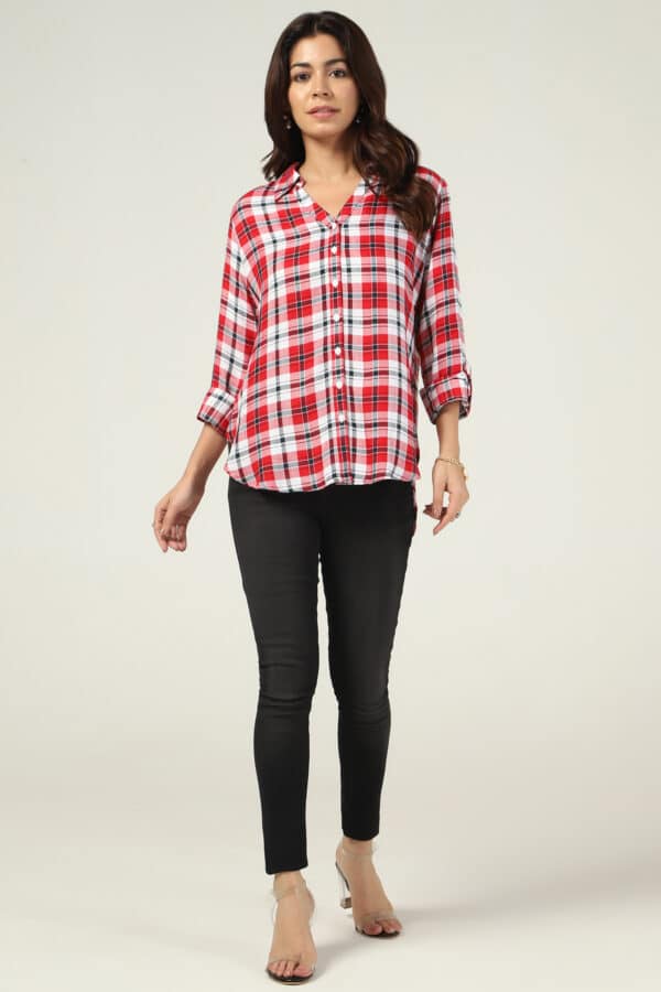 White And Maroon Women's Checked Shirt