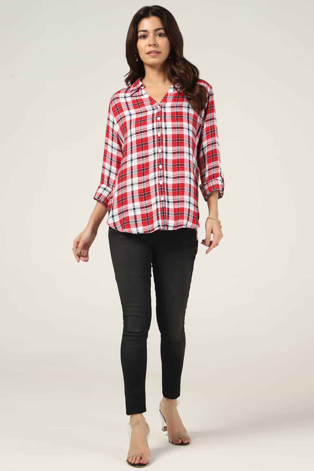 White And Maroon Women's Checked Shirt