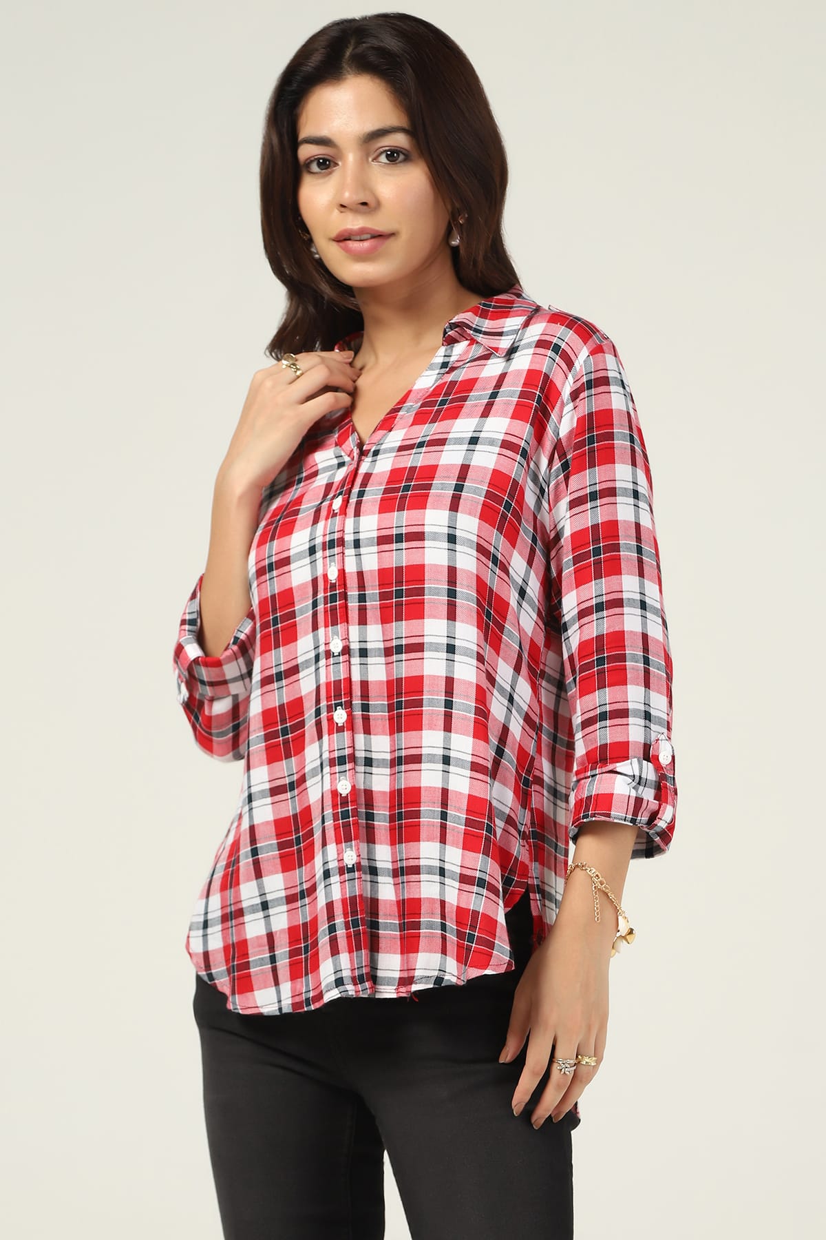 White And Maroon Women's Checked Shirt