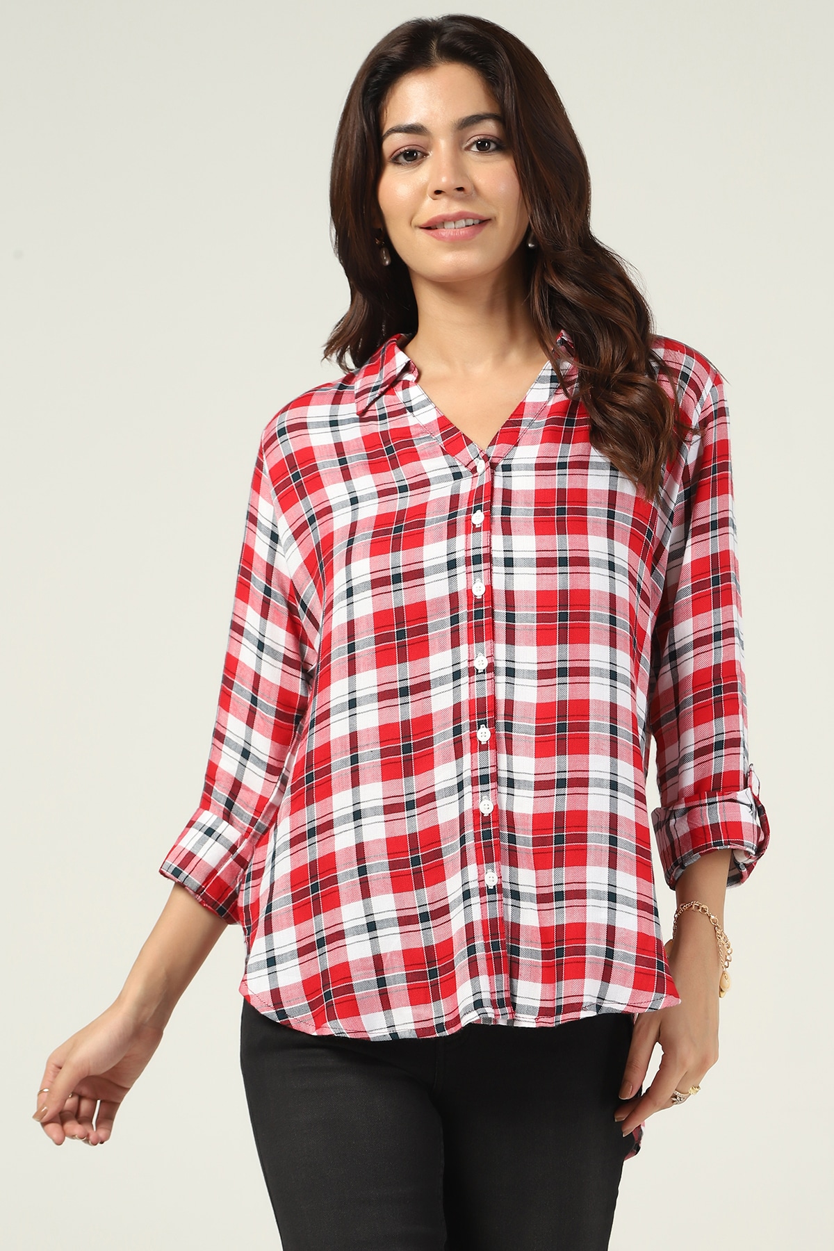 White And Maroon Women's Checked Shirt