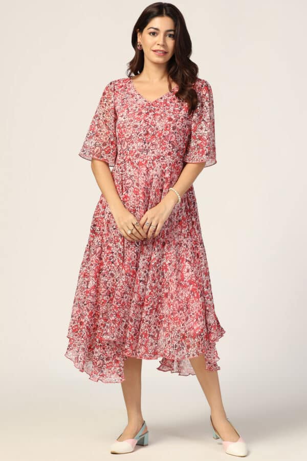 Coral Red Printed V Neck Dresses For Women
