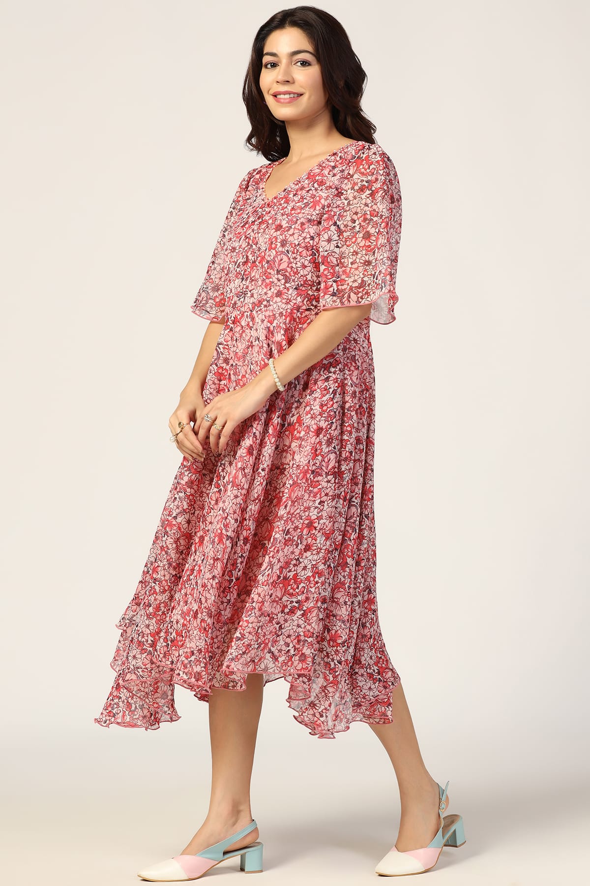 Coral Red Printed V Neck Dresses For Women