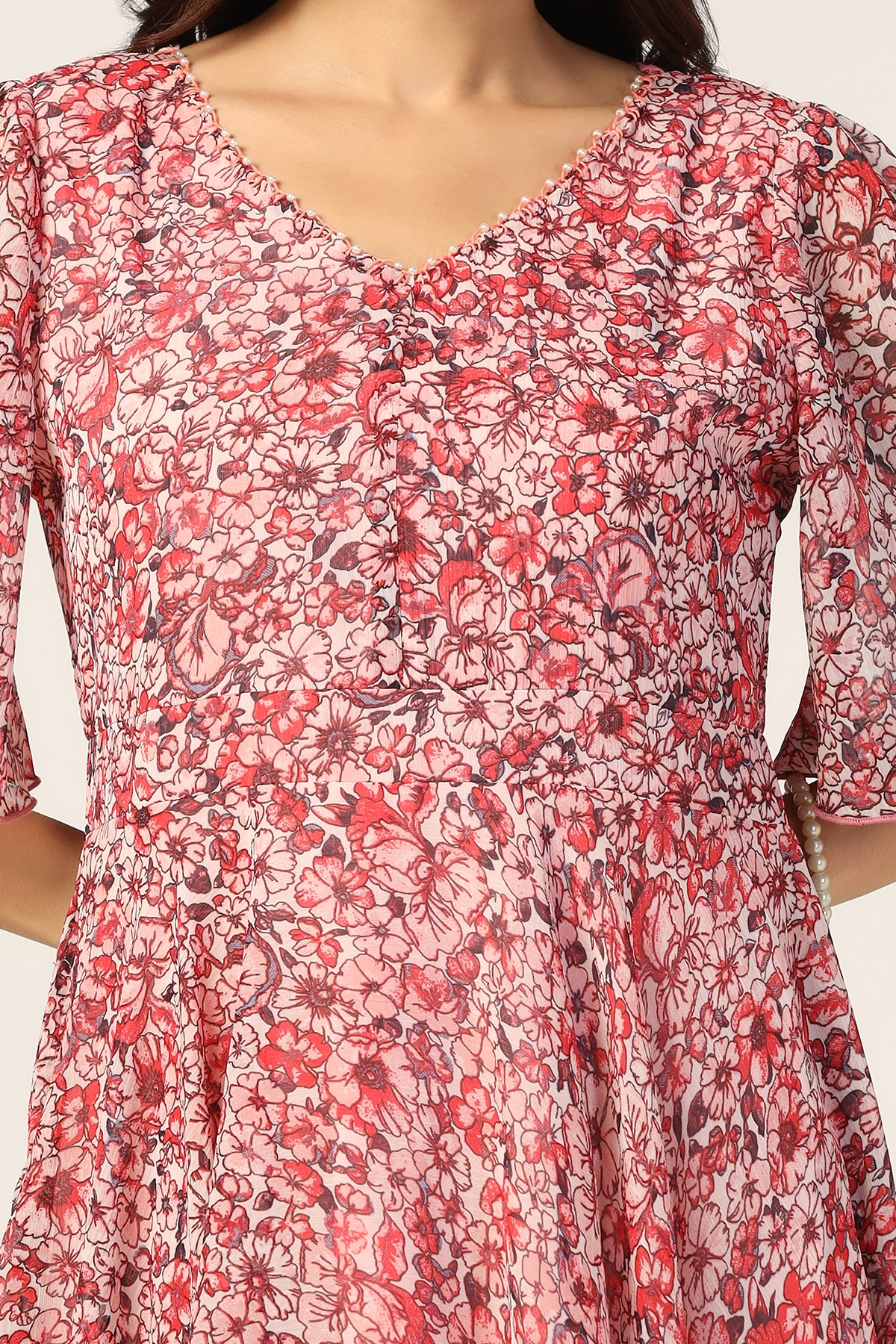 Coral Red Printed V Neck Dresses For Women