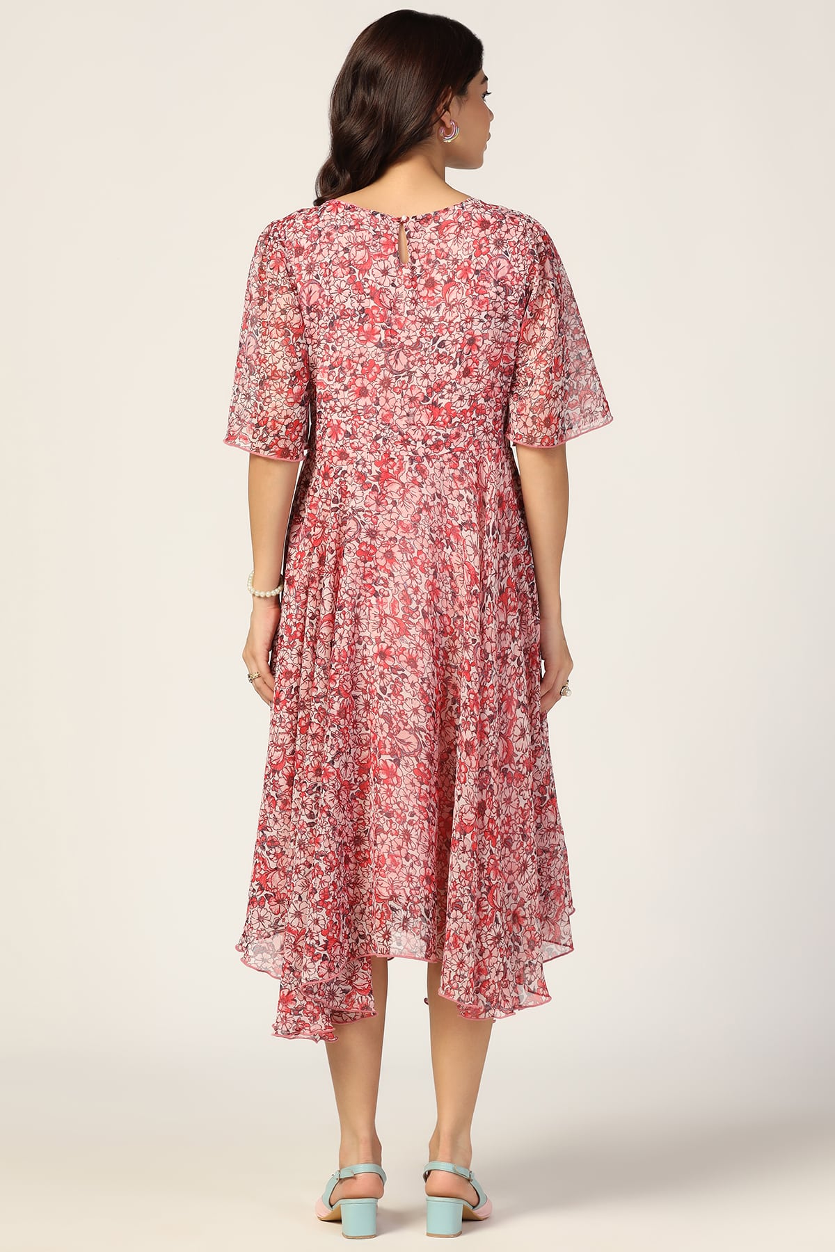 Coral Red Printed V Neck Dresses For Women