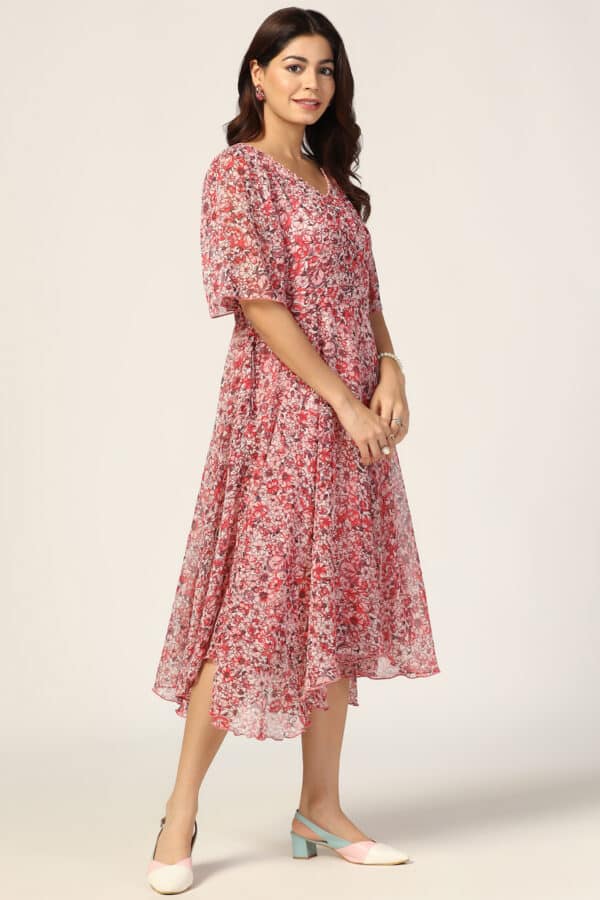 Coral Red Printed V Neck Dresses For Women