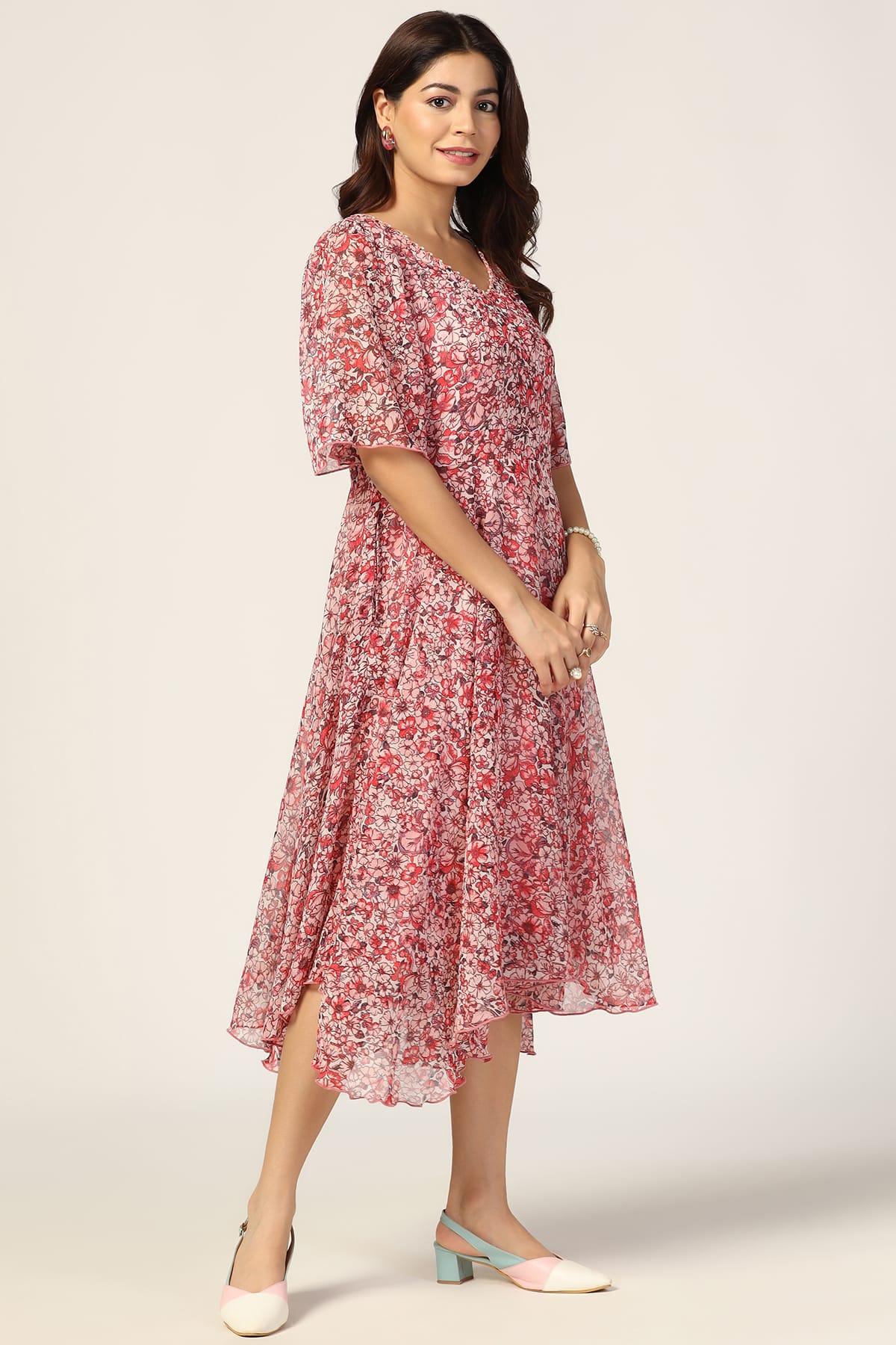 Coral Red Printed V Neck Dresses For Women