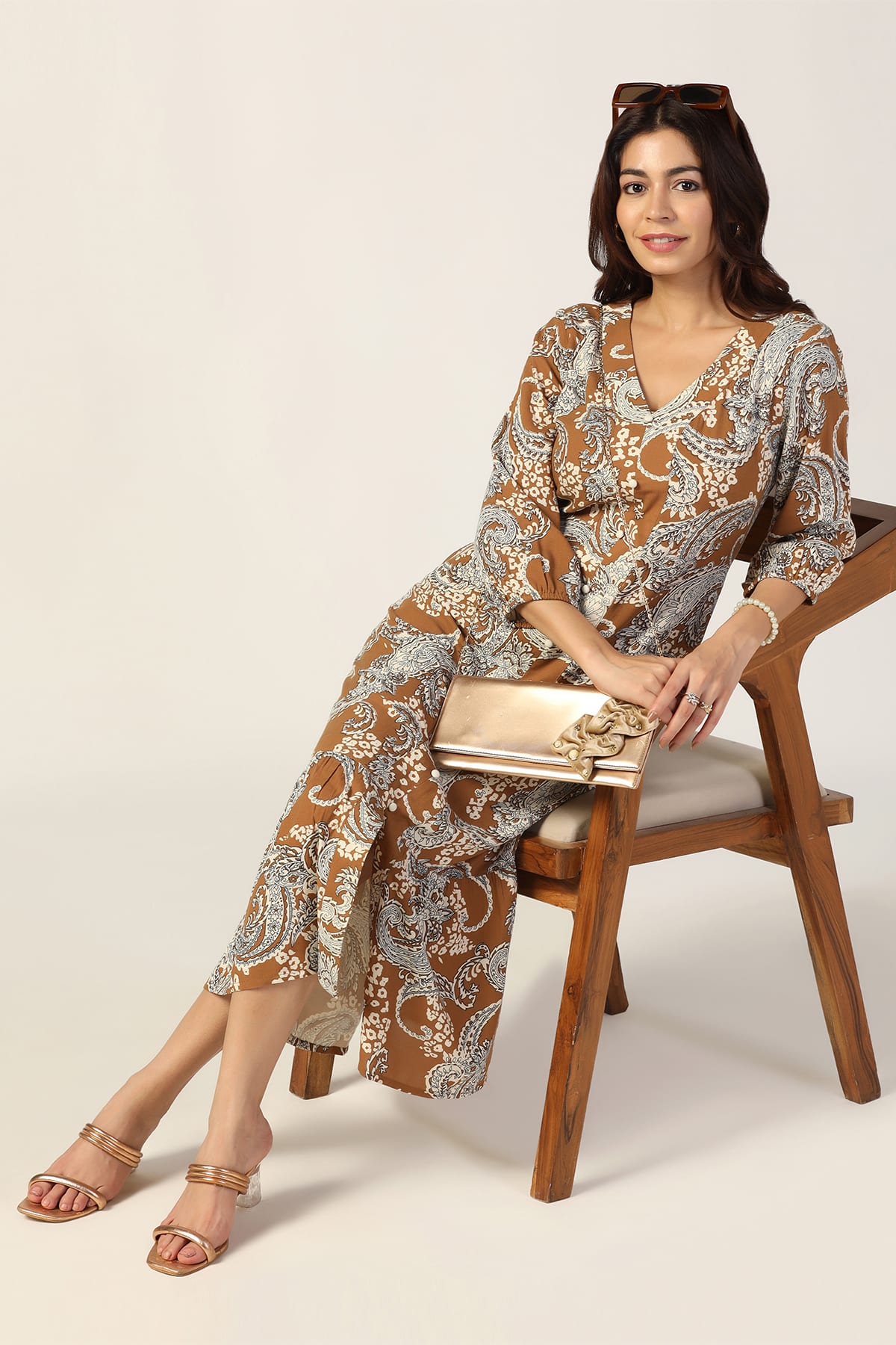 Grey Printed V Neck Dresses For Women