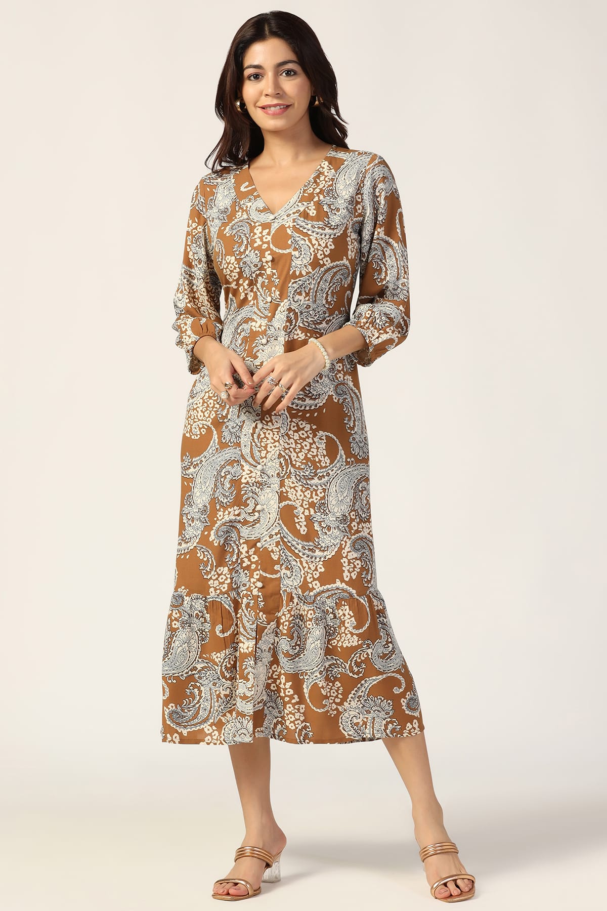 Grey Printed V Neck Dresses For Women