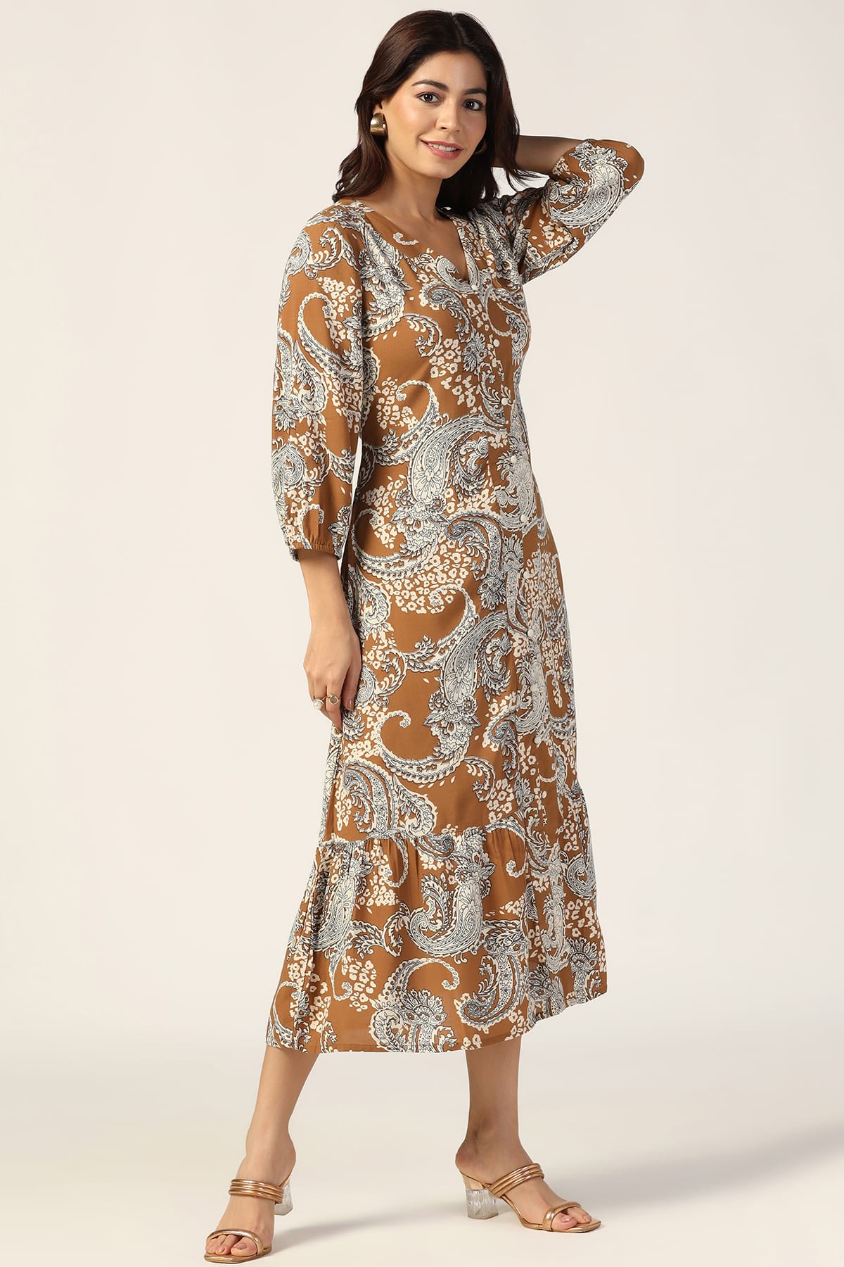 Grey Printed V Neck Dresses For Women