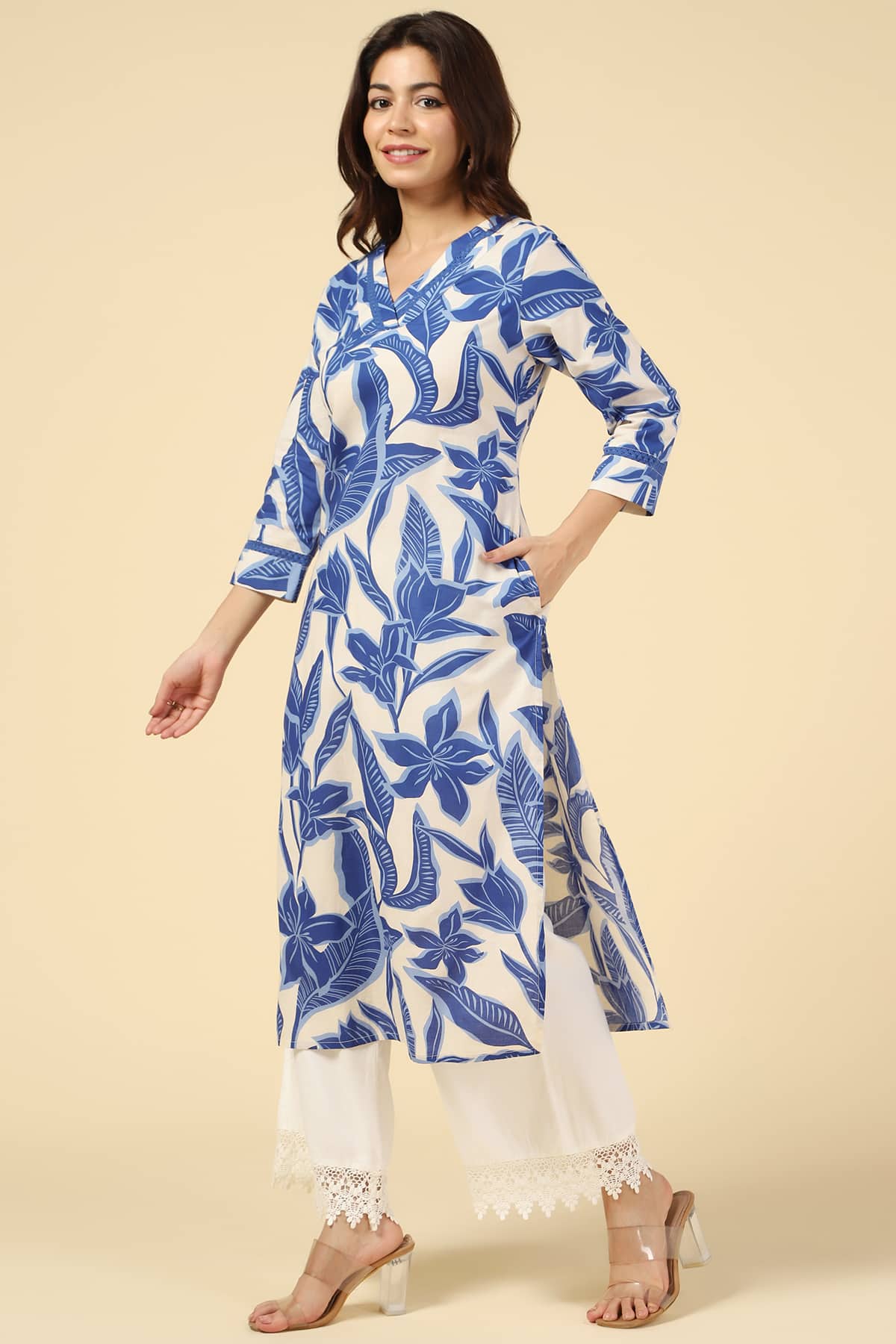 White and Blue Printed Kurtas For Women