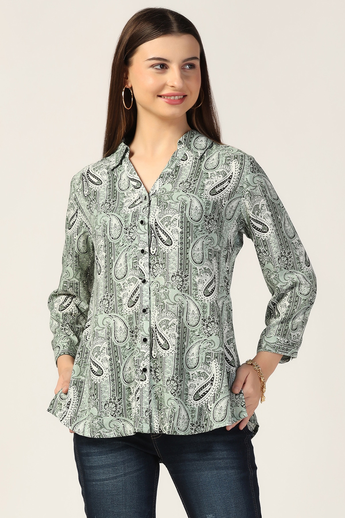Printed Light Sage Green Shirt For Women