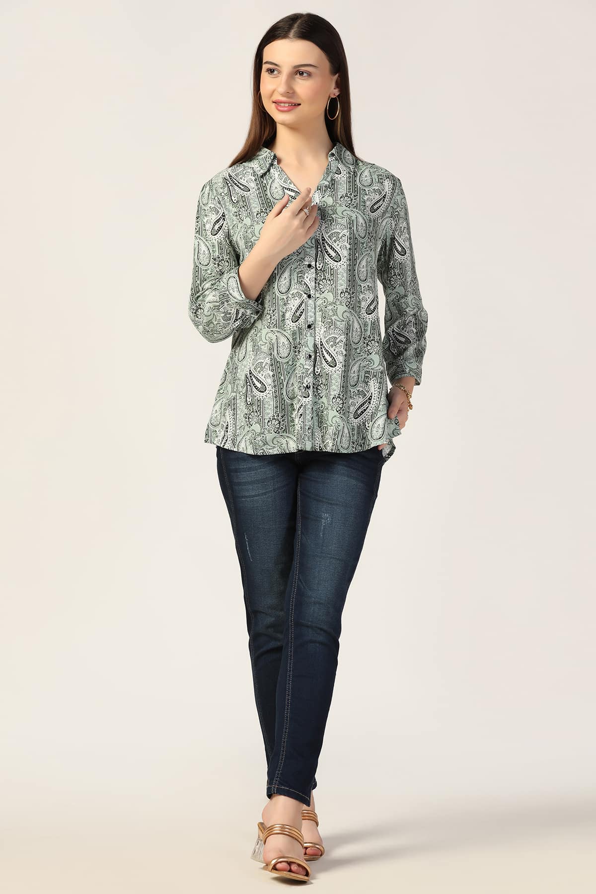 Printed Light Sage Green Shirt For Women