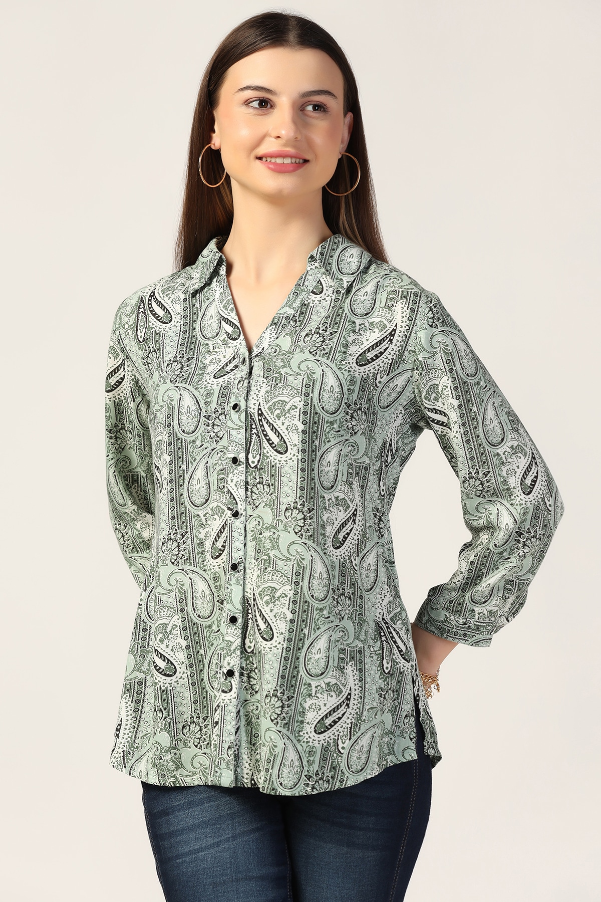 Printed Light Sage Green Shirt For Women