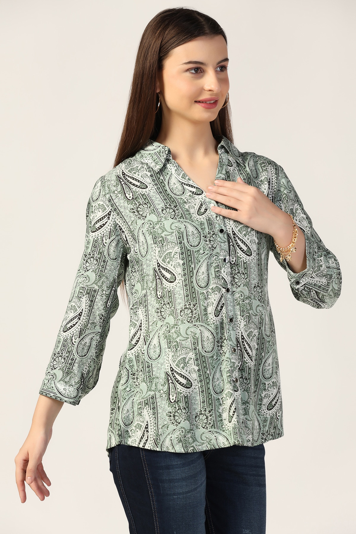Printed Light Sage Green Shirt For Women