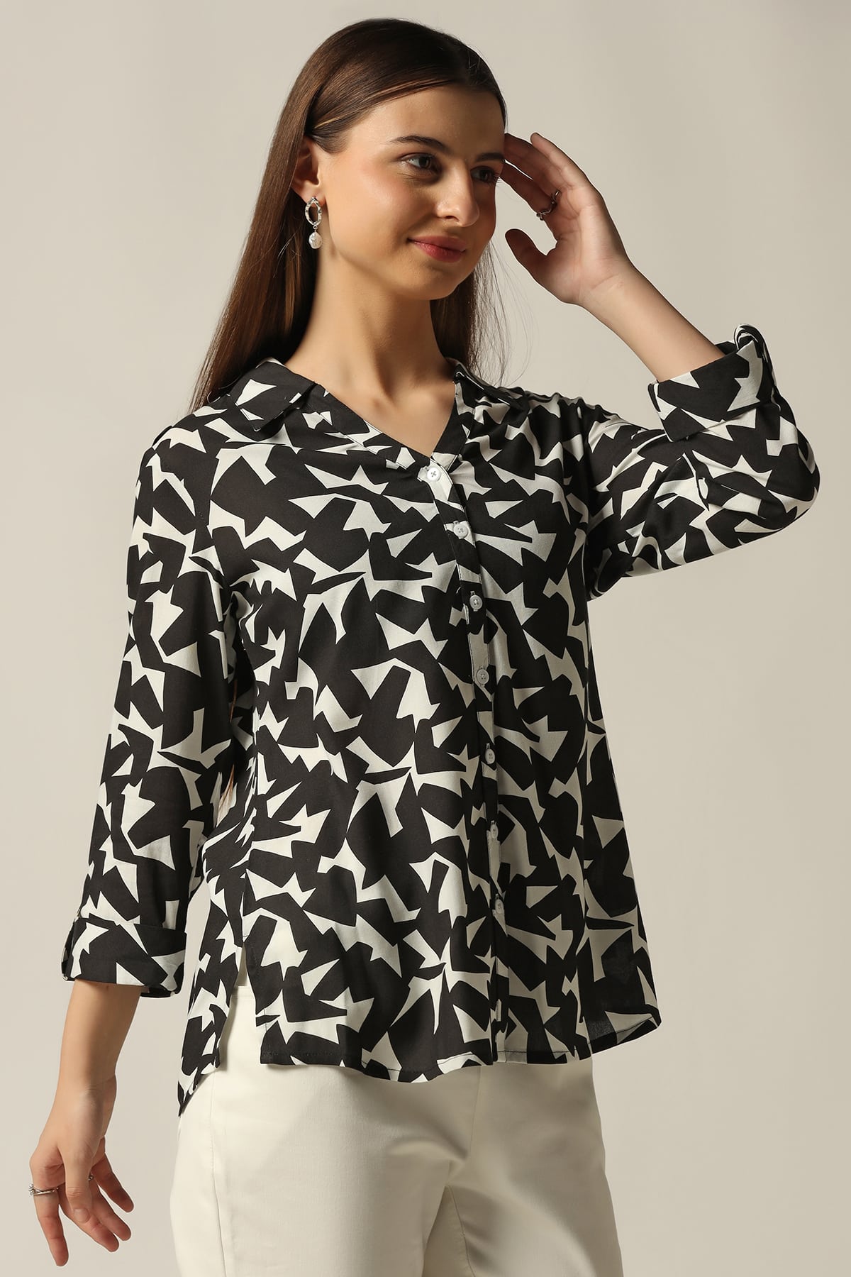 Printed Black And White Shirt For Ladies