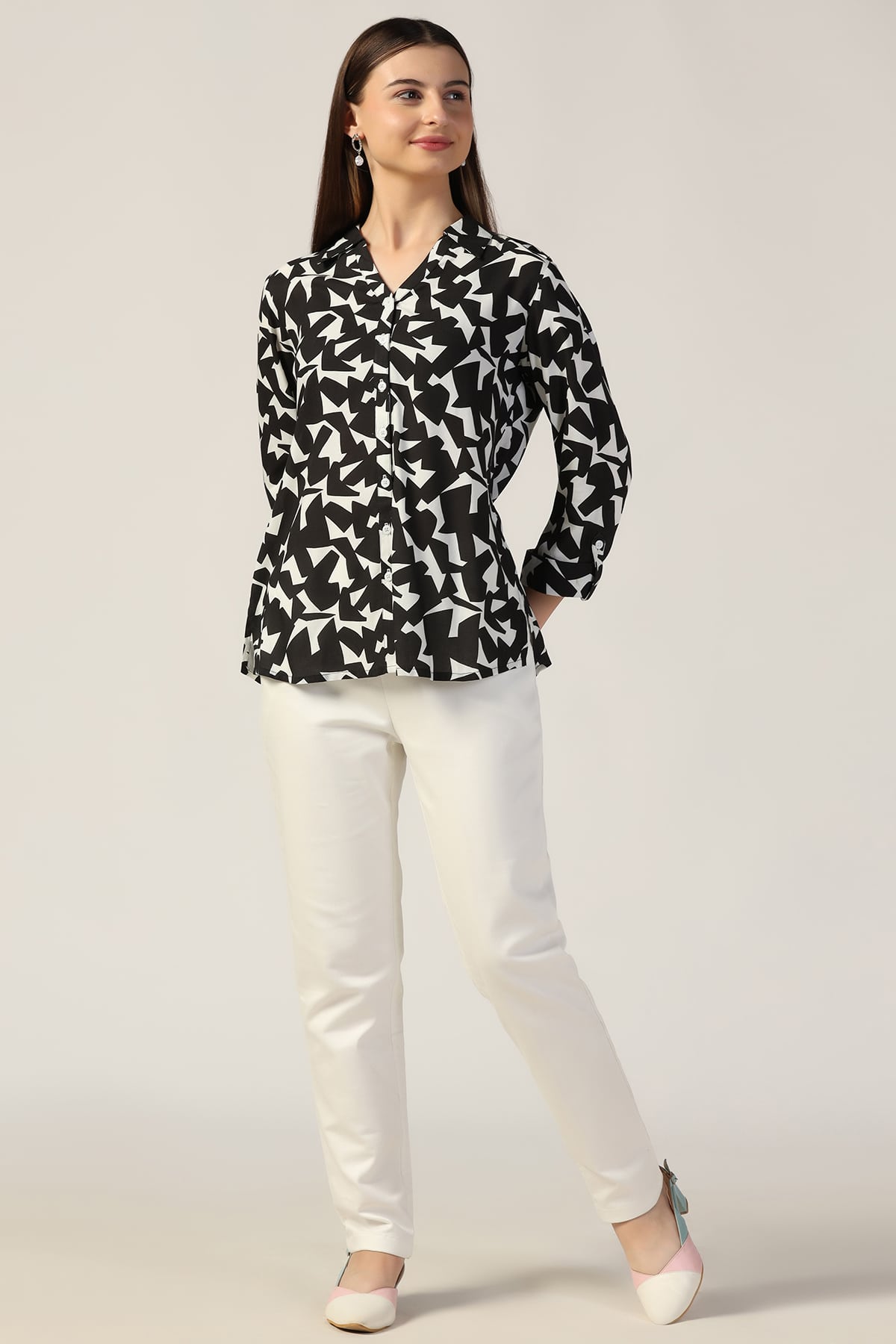 Printed Black And White Shirt For Ladies