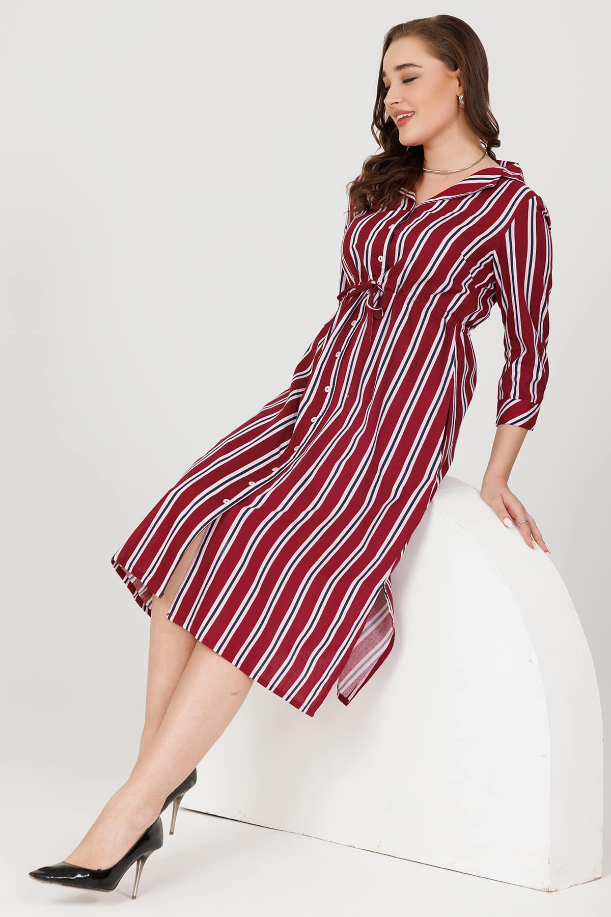 Striped Maroon Dress For Women