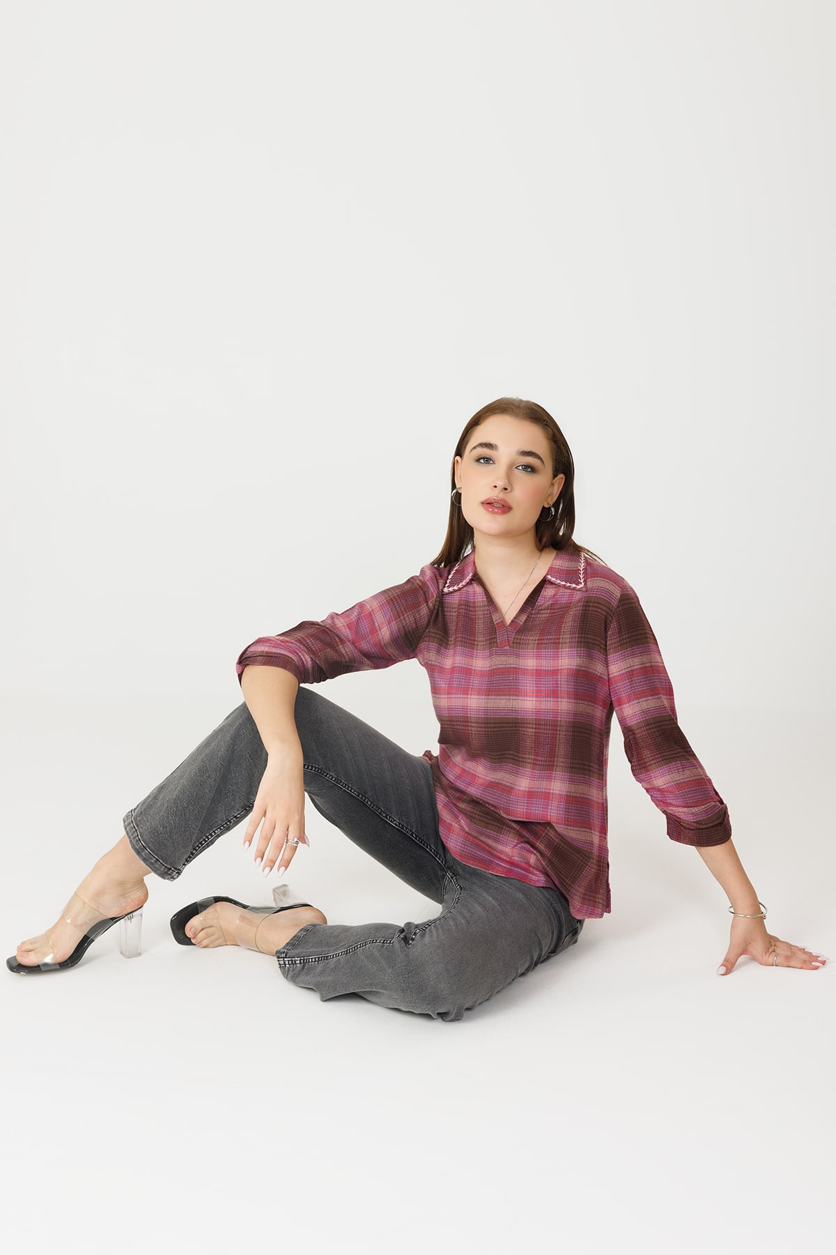 Checks Pink Woolen Top Ladies