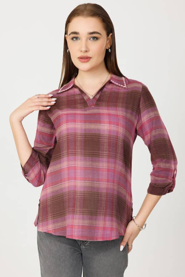 Checks Pink Woolen Top Ladies
