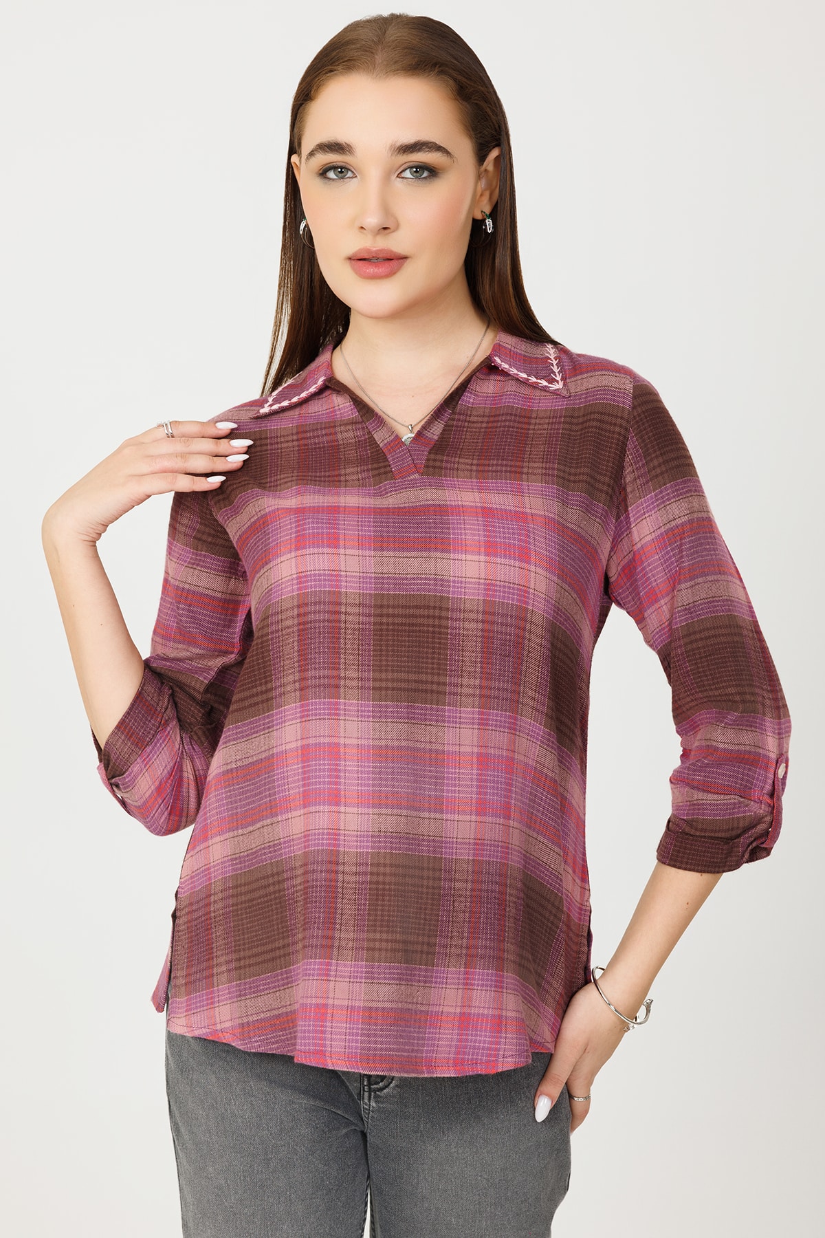 Checks Pink Woolen Top Ladies