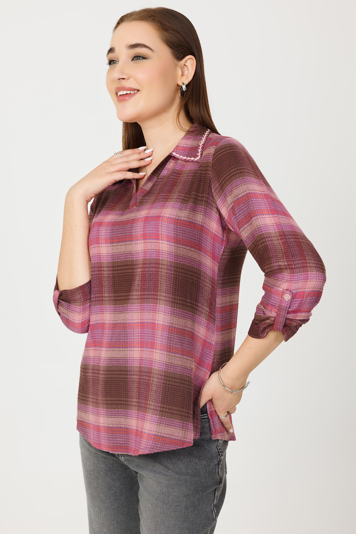 Checks Pink Woolen Top Ladies