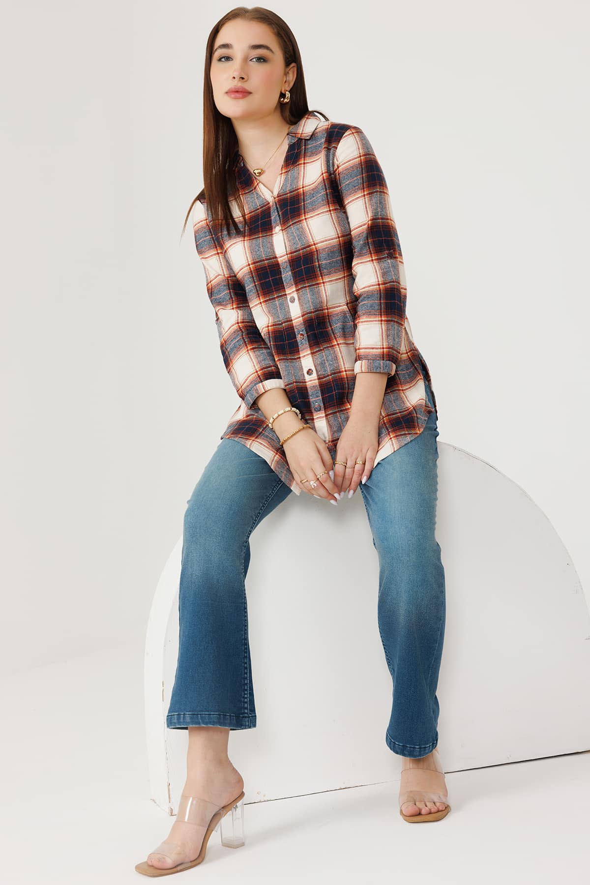 Beige Checks Women Woolen Shirt