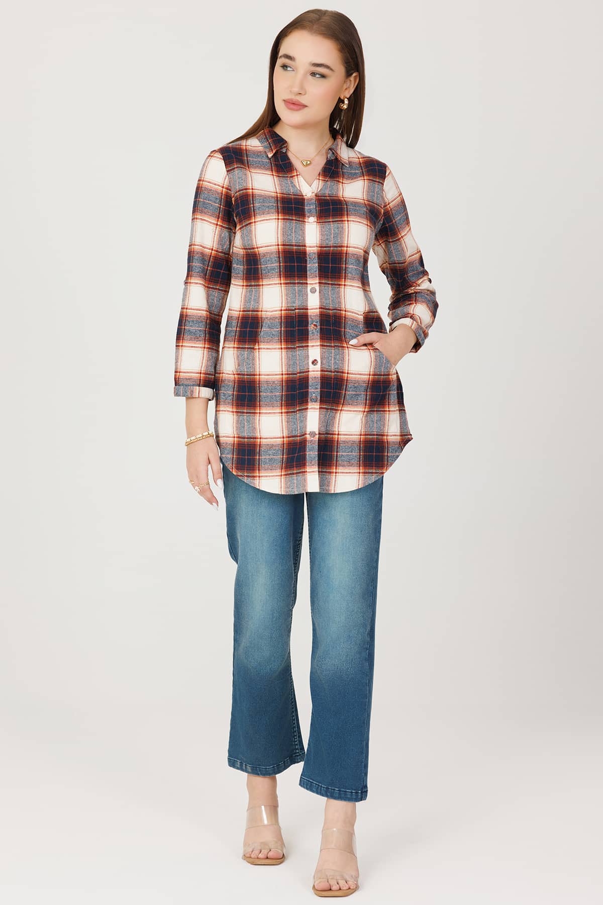 Beige Checks Women Woolen Shirt