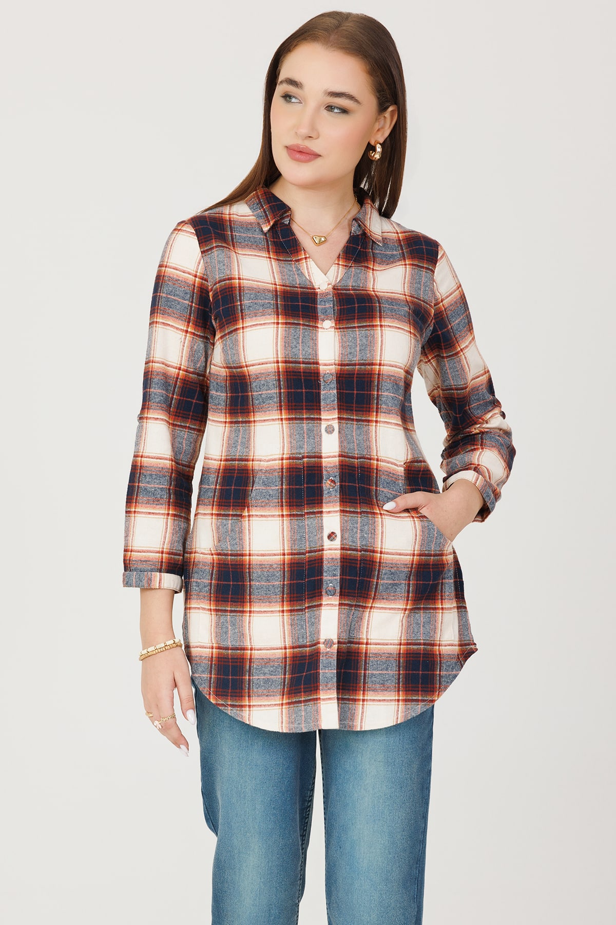 Beige Checks Women Woolen Shirt