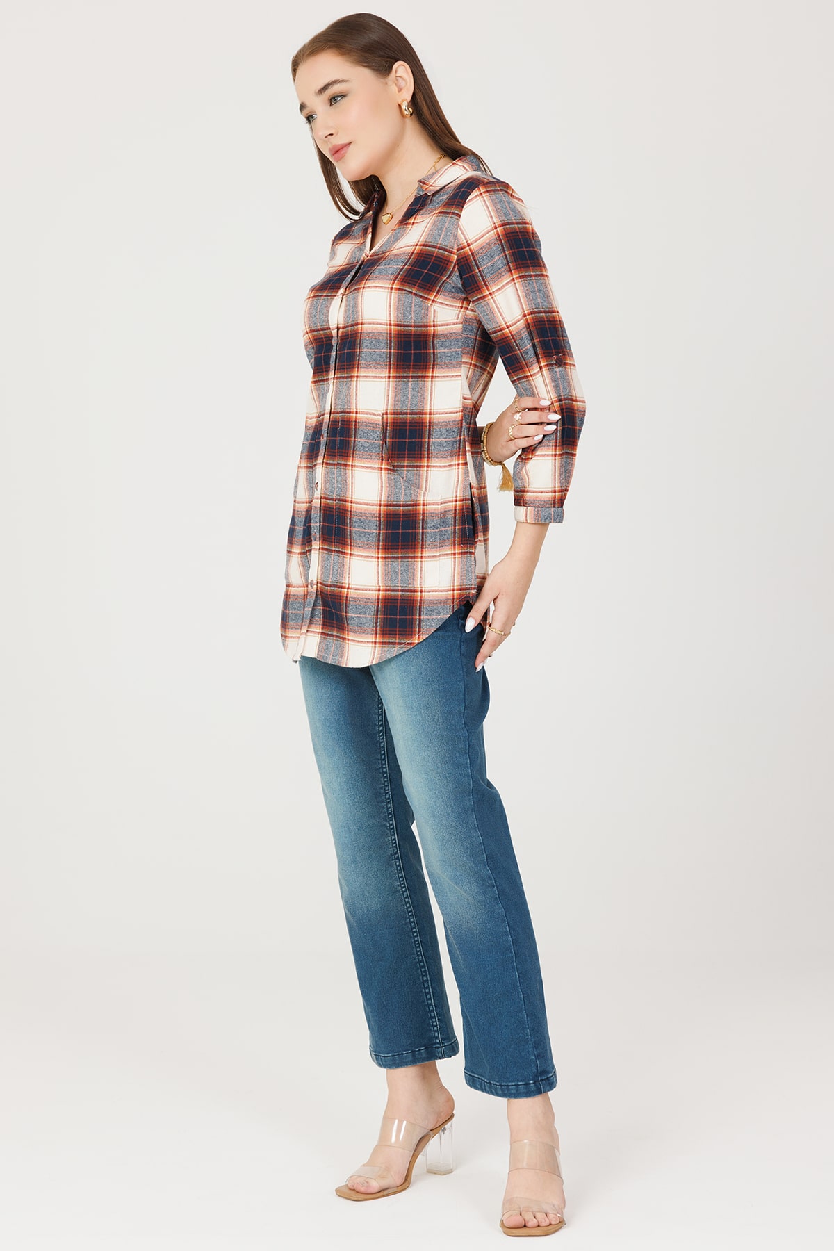 Beige Checks Women Woolen Shirt