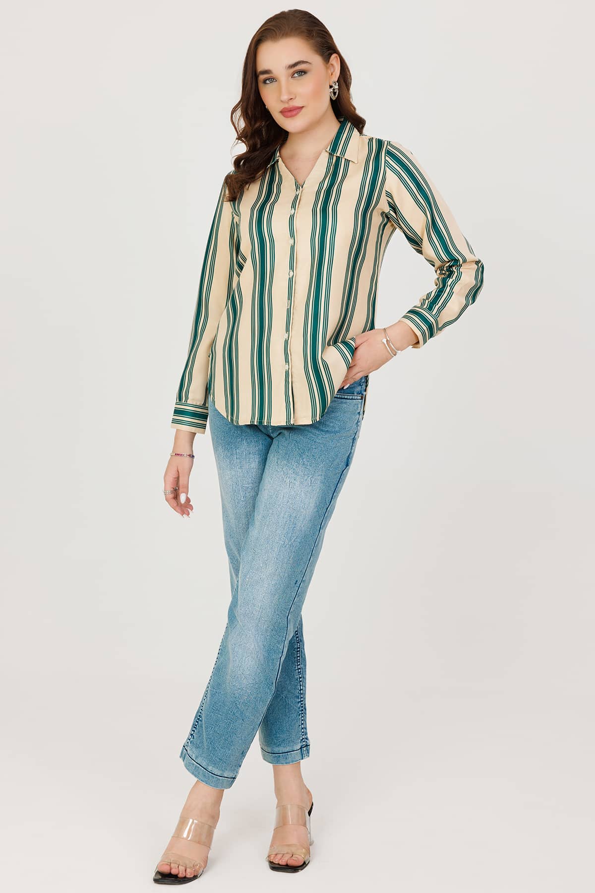 Green and Beige Pashmina Ladies Striped Shirt