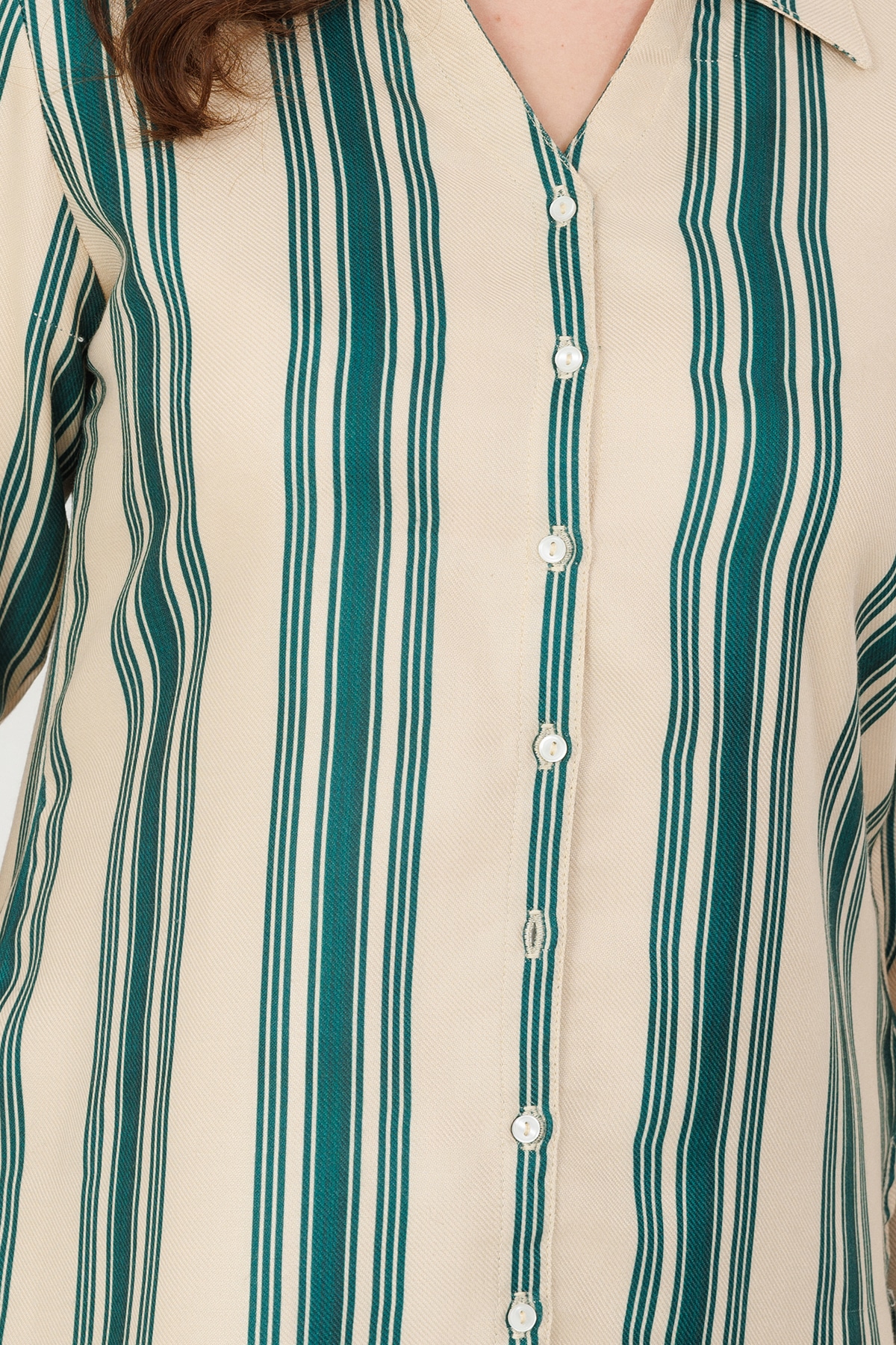 Green & Beige Pashmina Stripe Winter Shirt with Full Sleeves