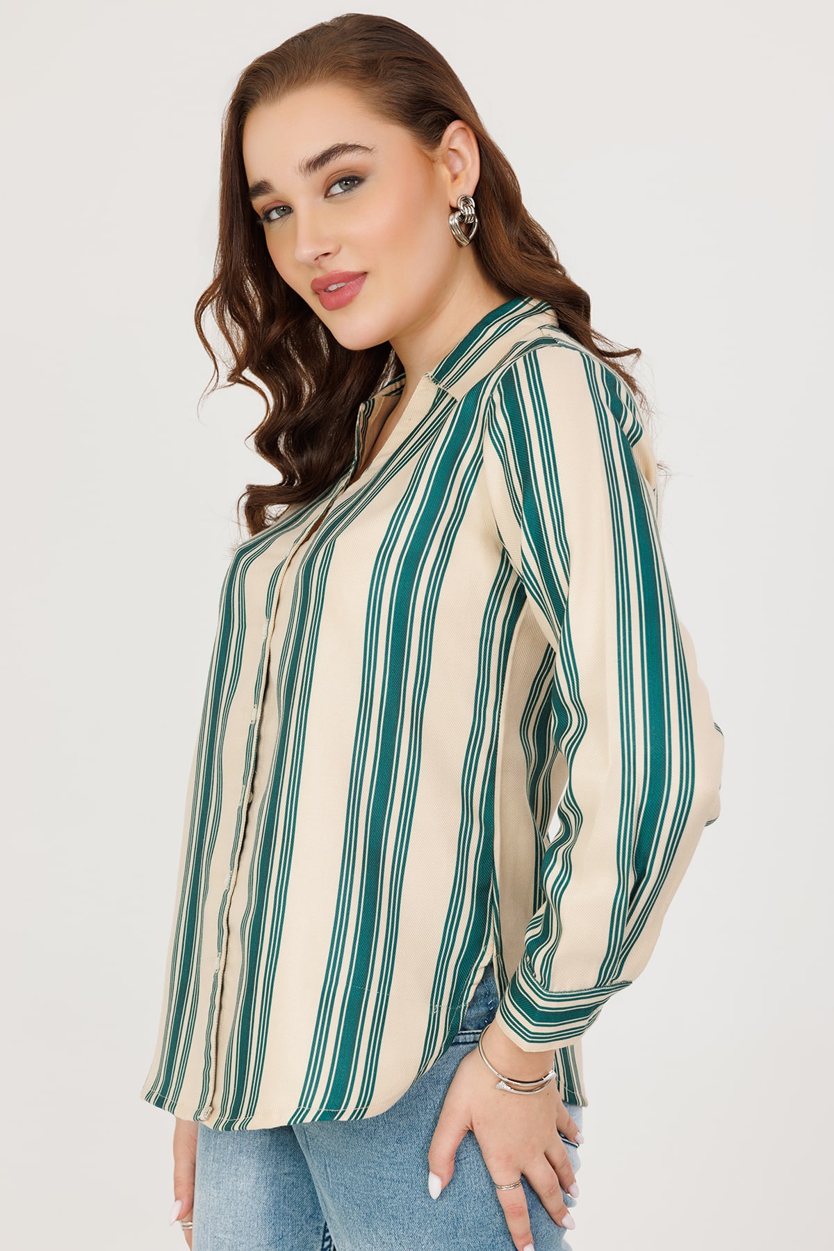 Green & Beige Pashmina Stripe Winter Shirt with Full Sleeves