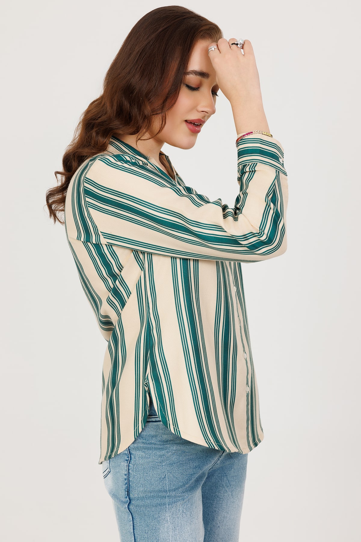 Green & Beige Pashmina Stripe Winter Shirt with Full Sleeves