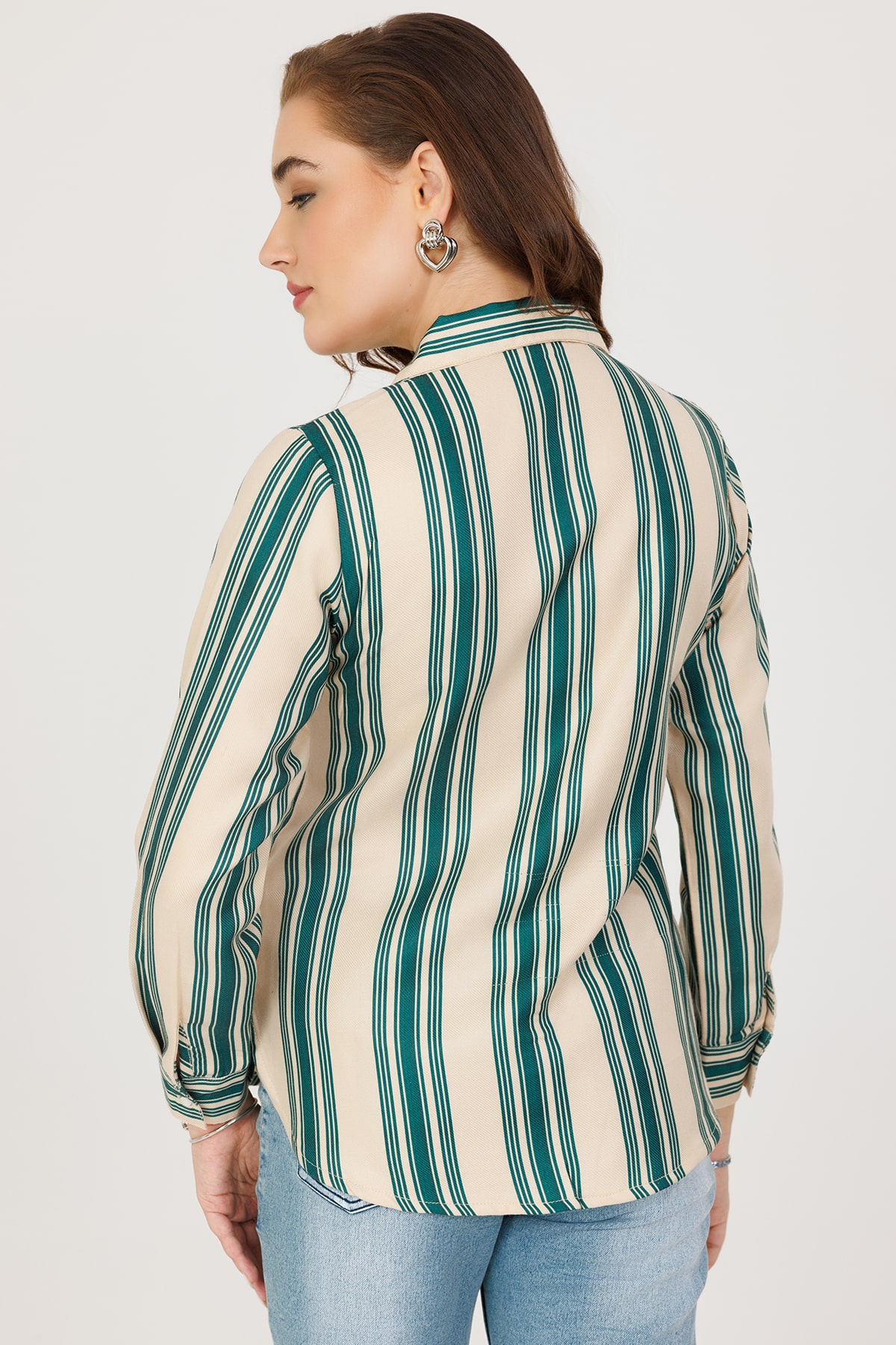 Green & Beige Pashmina Stripe Winter Shirt with Full Sleeves